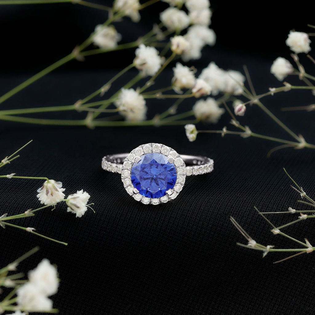 Certified 2.7 Carat Lab Grown Blue Sapphire Halo Engagement Ring with Moissanite