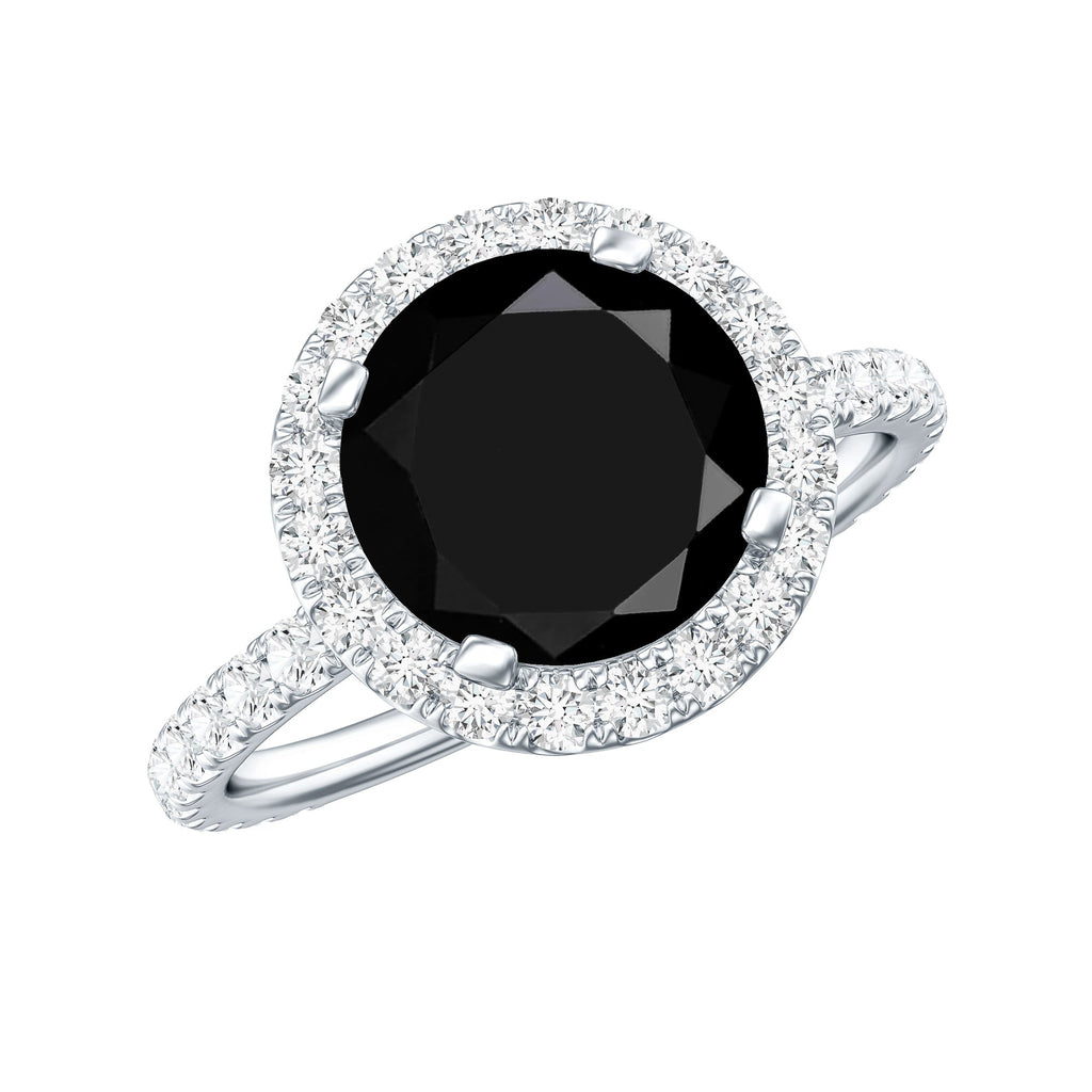 Natural Black Spinel Engagement Ring with Diamond Halo