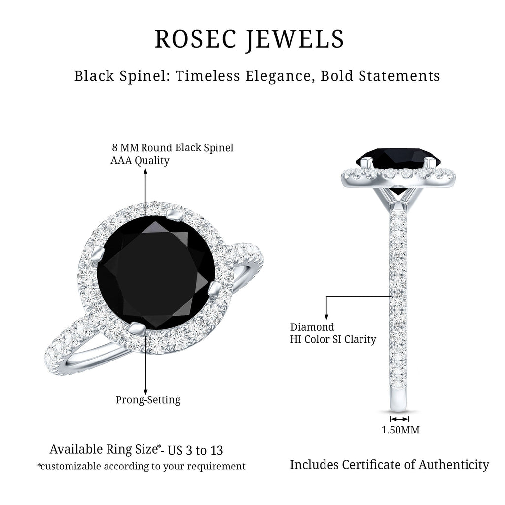 Natural Black Spinel Engagement Ring with Diamond Halo