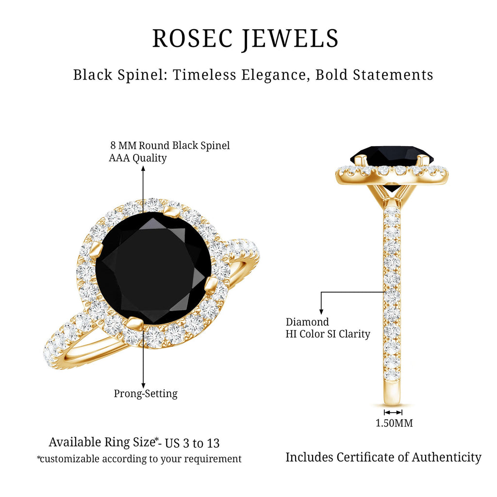 Natural Black Spinel Engagement Ring with Diamond Halo