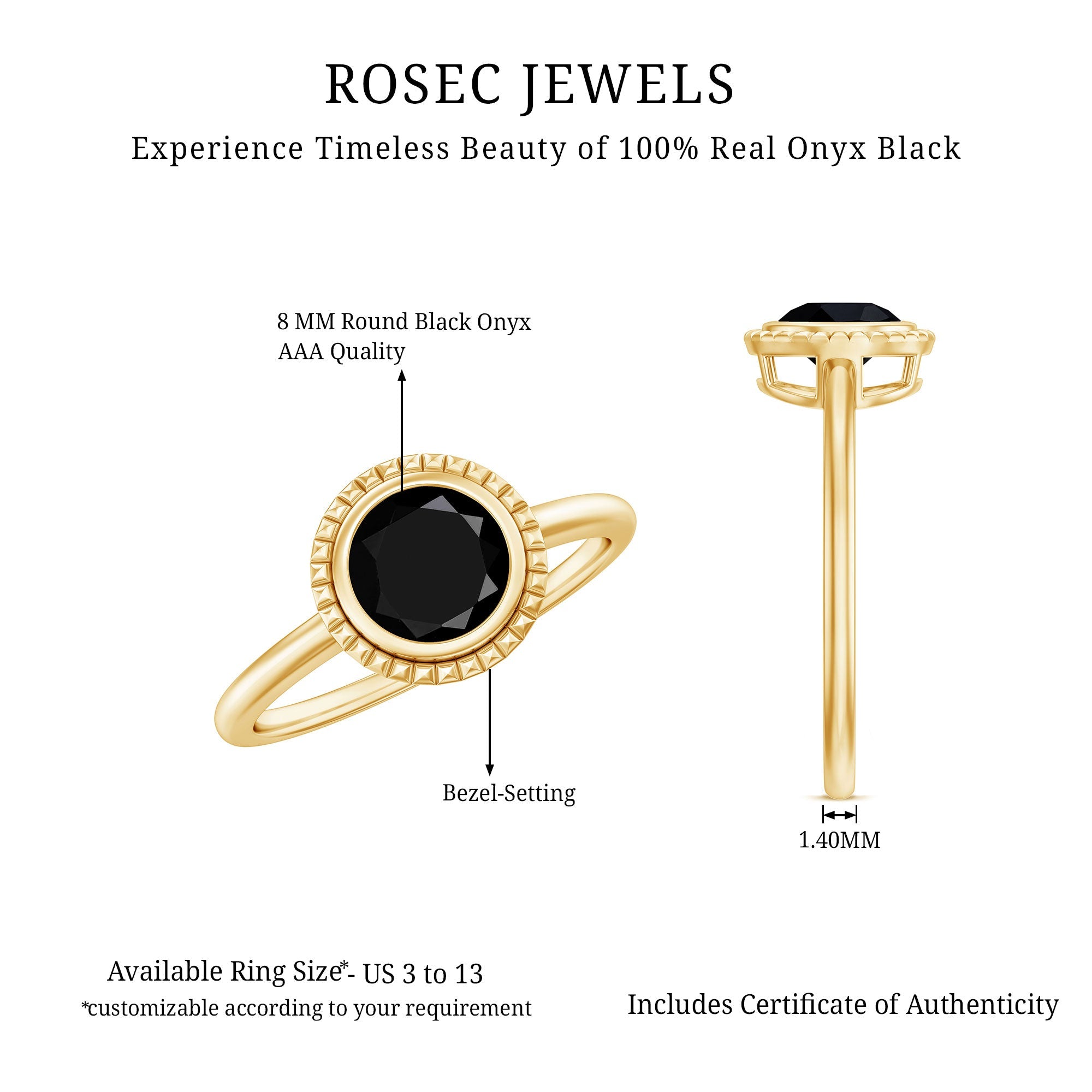 2 Carat Round Shape Black Onyx Solitaire Ring in Bezel Setting