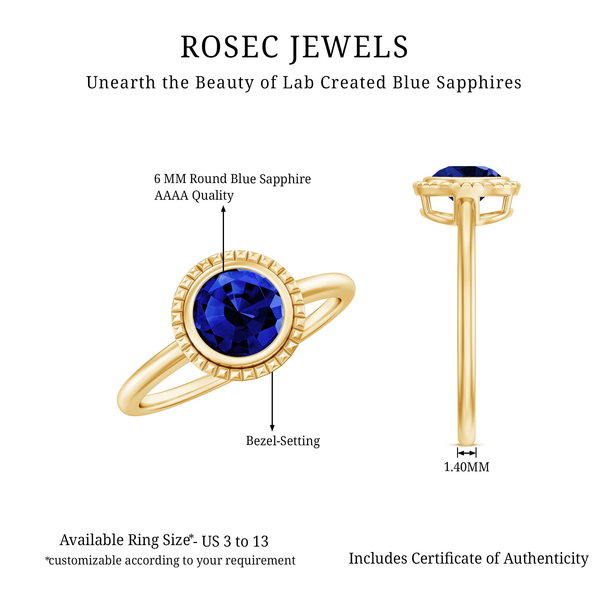 Certified 1 Carat Lab Grown Blue Sapphire Promise Ring in Bezel Set