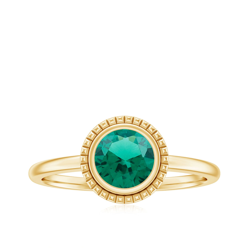 Certified 0.8 Carat Lab Grown Emerald Solitaire Engagement Ring in Bezel Setting