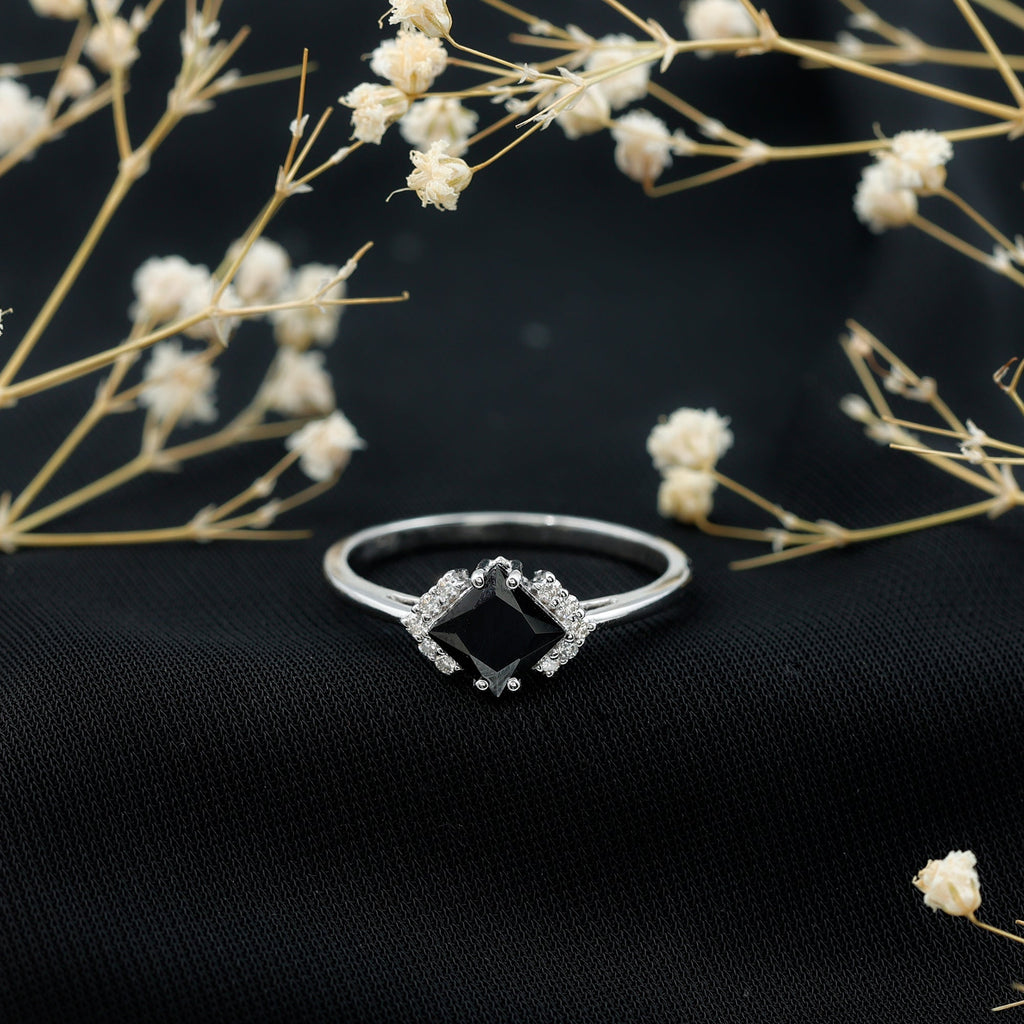 1 Carat Lab Grown Black and White Diamond Princess Cut Engagement Ring