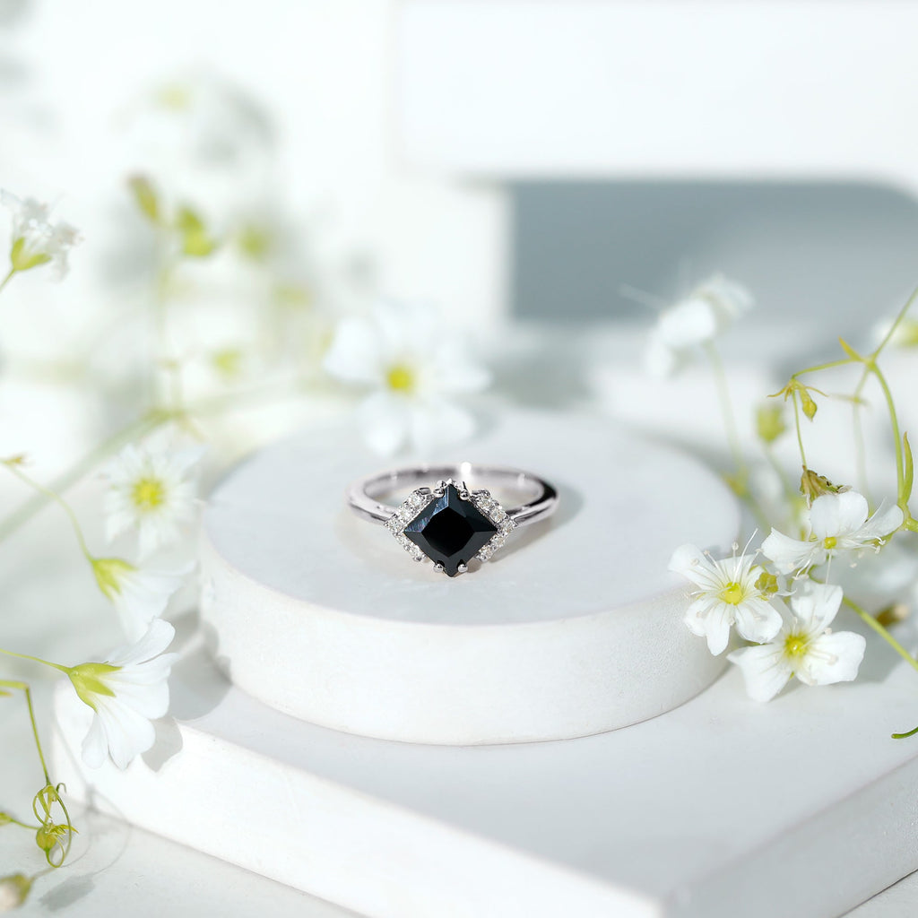 1 Carat Lab Grown Black and White Diamond Princess Cut Engagement Ring
