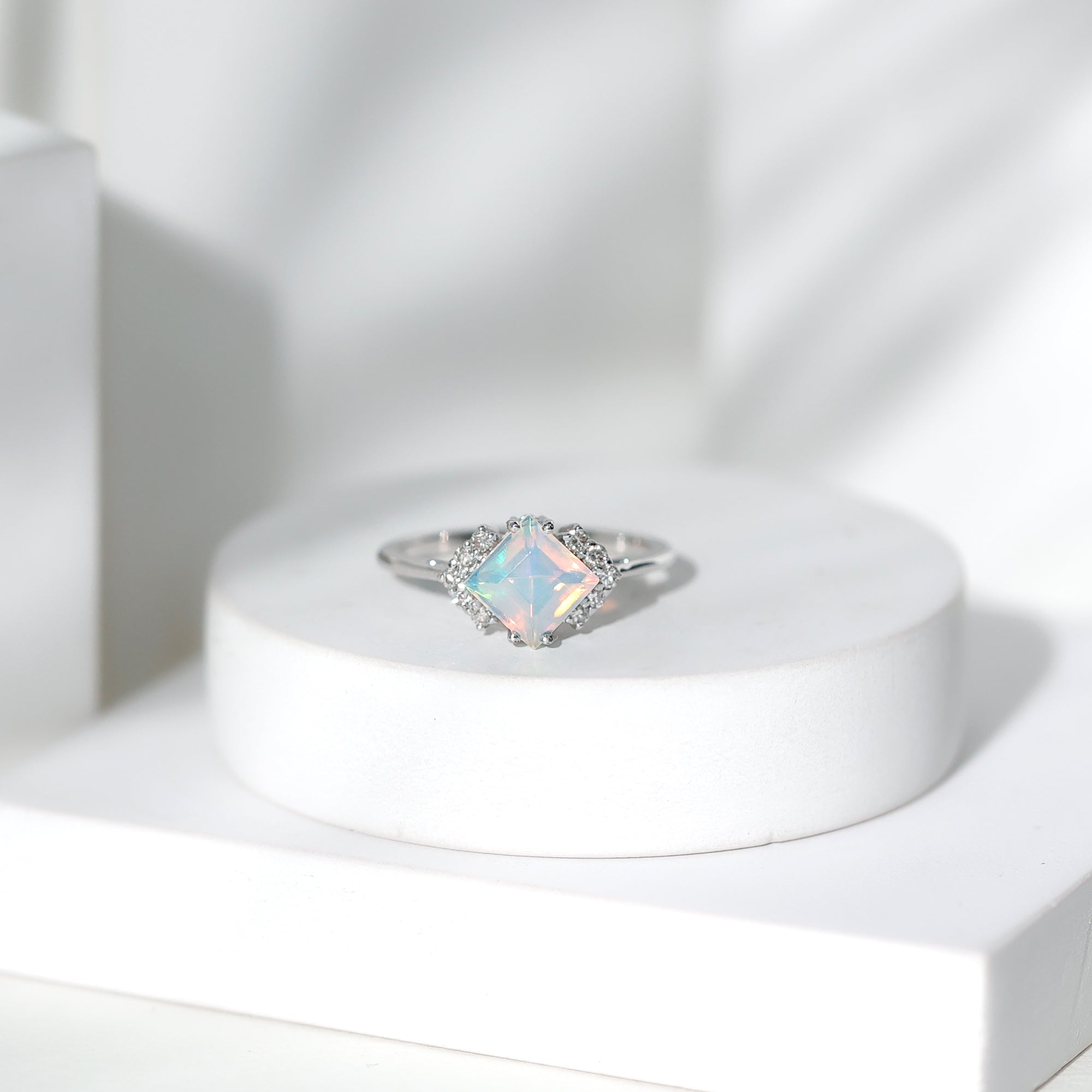 Natural Ethiopian Opal Princess Cut Engagement Ring with Diamond