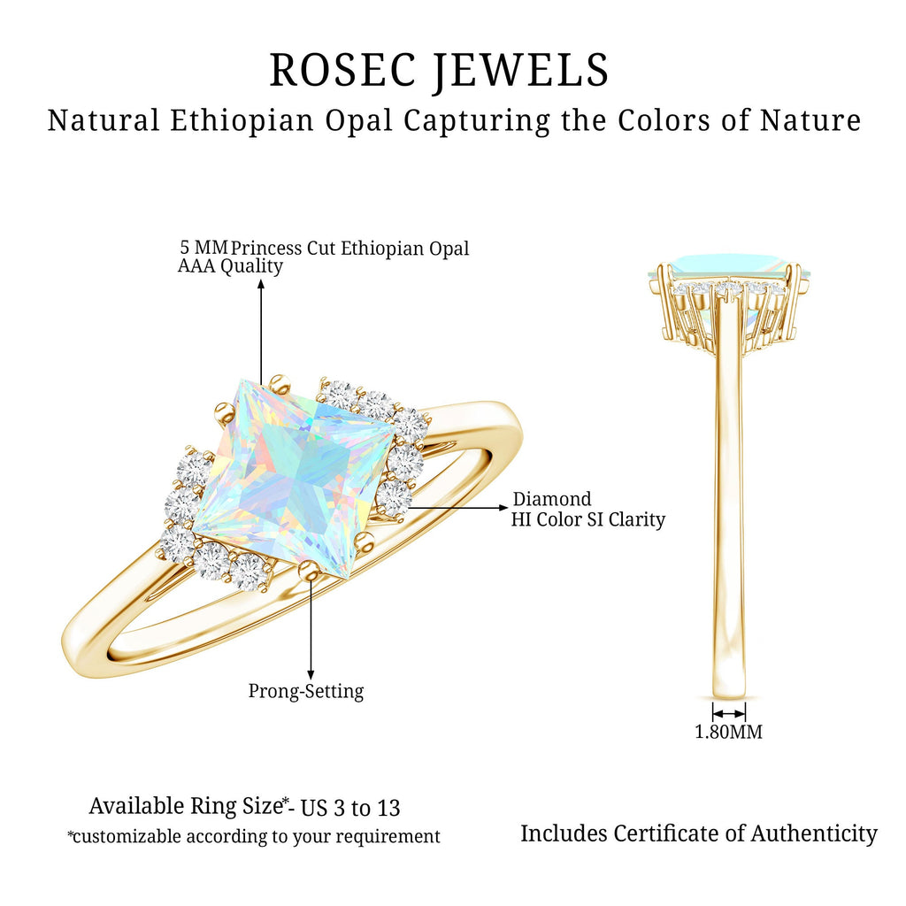 Natural Ethiopian Opal Princess Cut Engagement Ring with Diamond