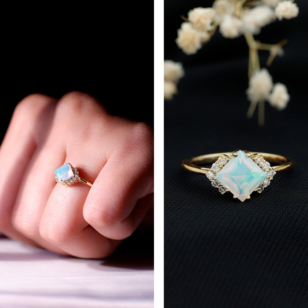 Natural Ethiopian Opal Princess Cut Engagement Ring with Diamond