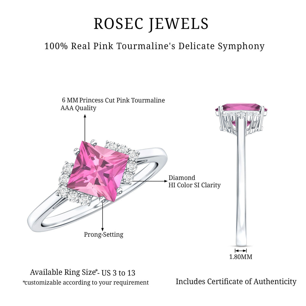 Princess Cut Pink Tourmaline Engagement Ring with Diamond Accent