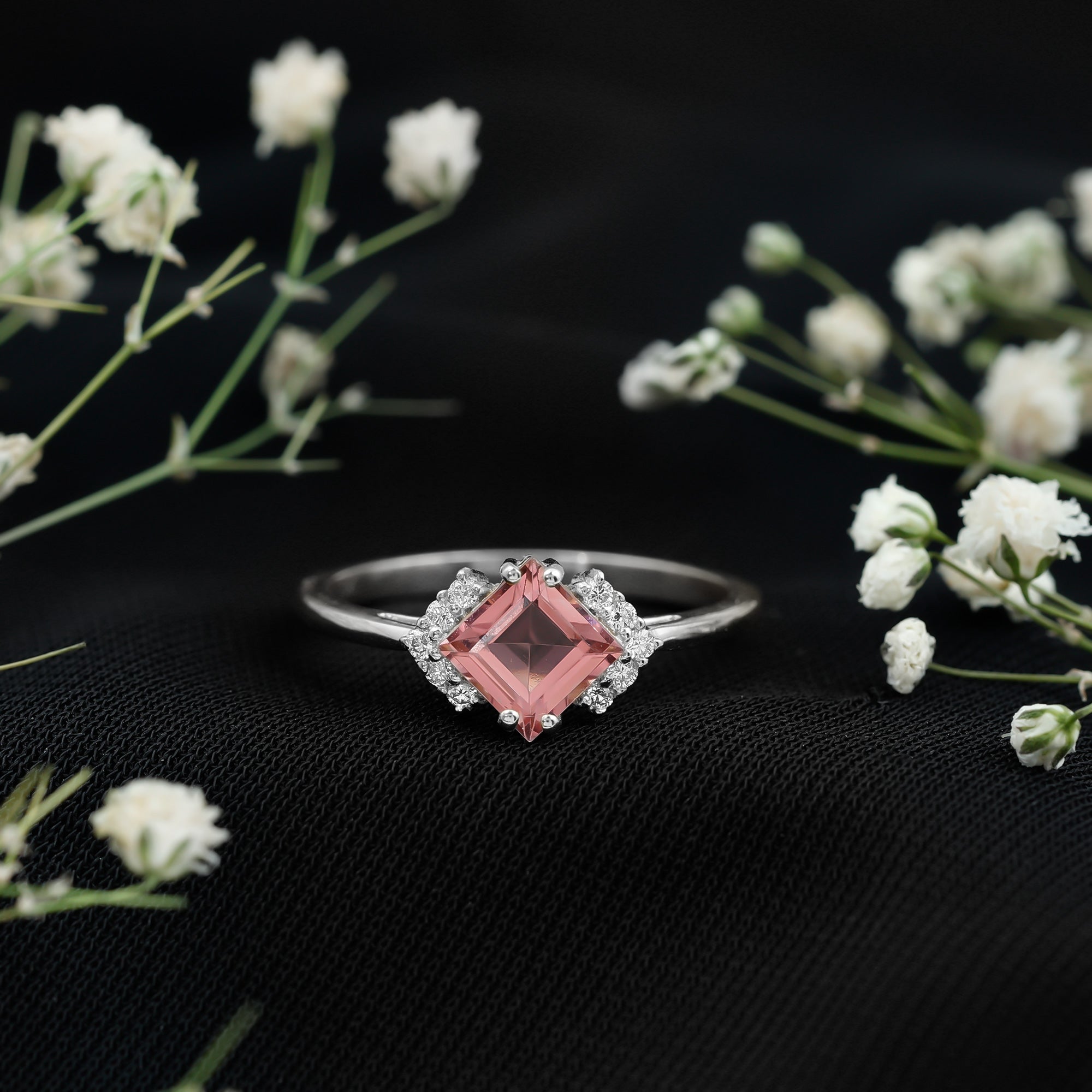 Princess Cut Pink Tourmaline Engagement Ring with Diamond Accent