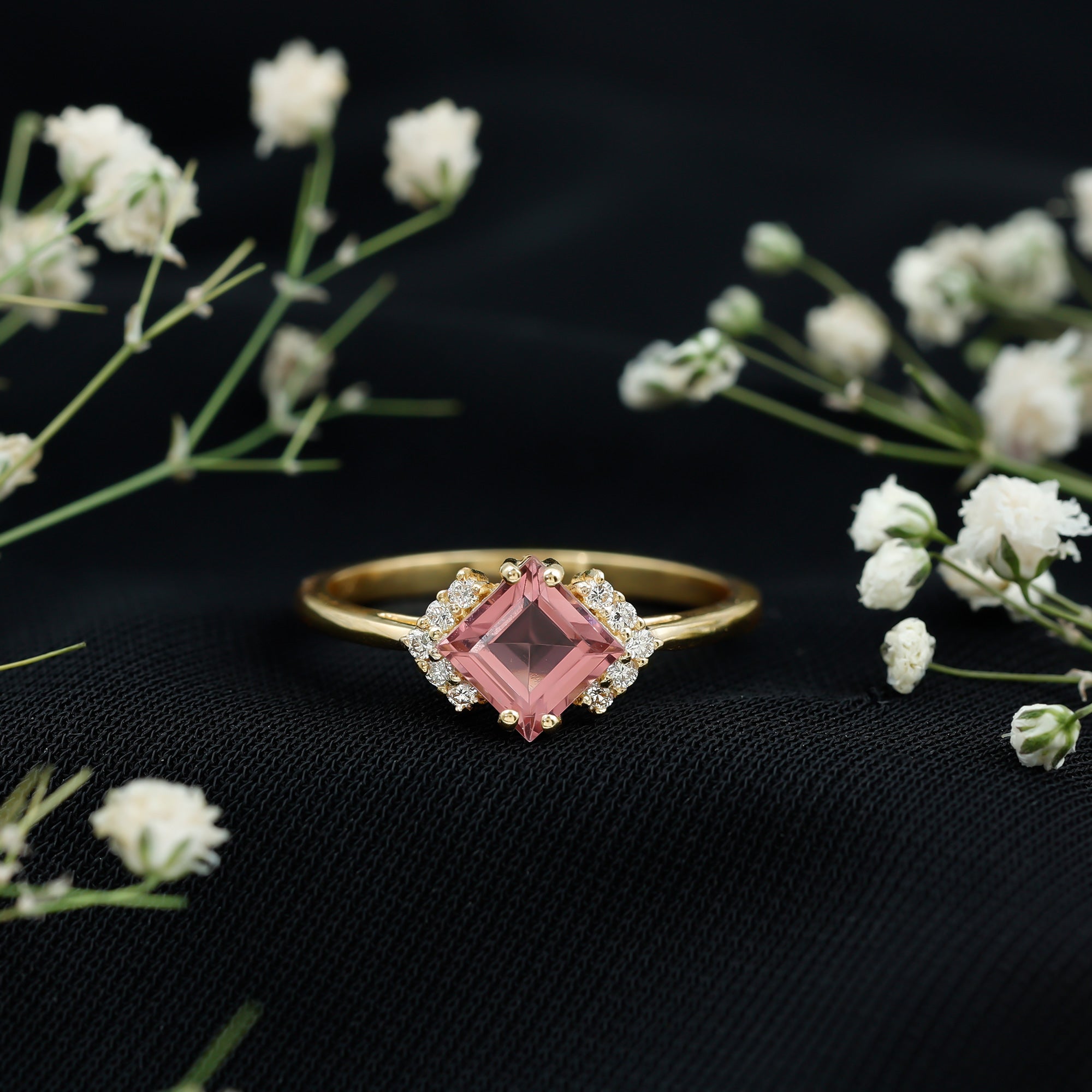 Princess Cut Pink Tourmaline Engagement Ring with Diamond Accent