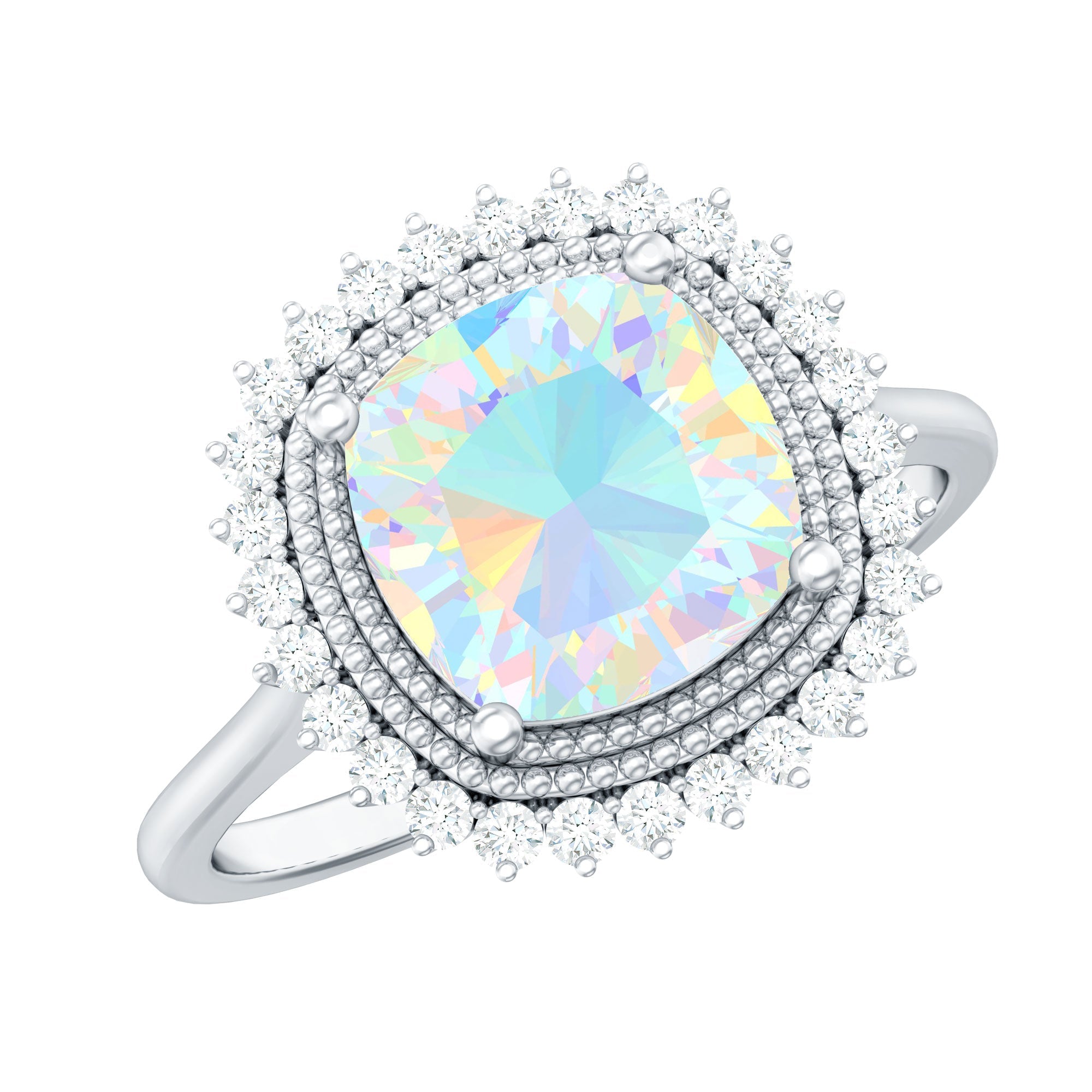Natural 1.8 Carat Cushion Cut Opalescent Vintage Looking Engagement Ring with Diamond Halo