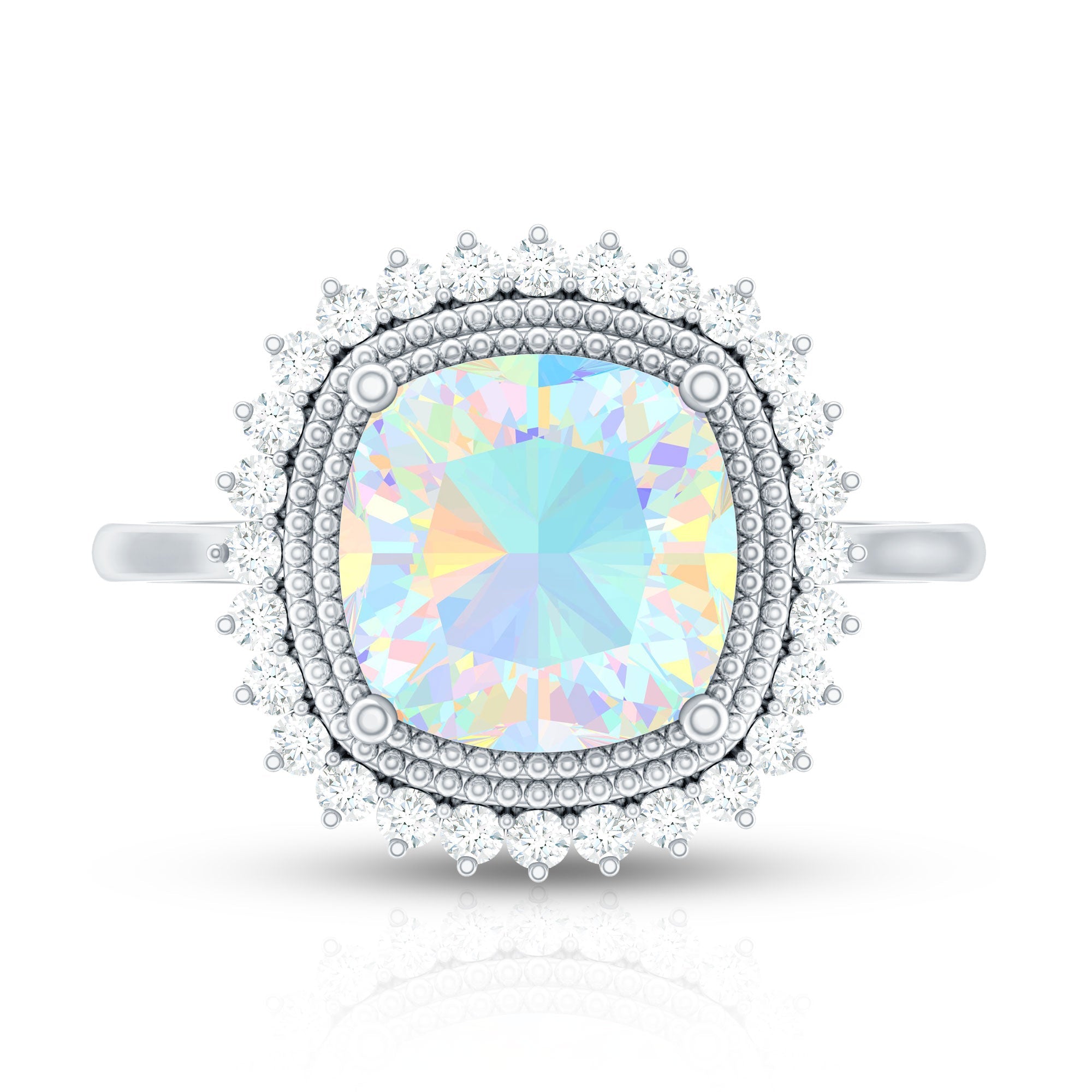Natural 1.8 Carat Cushion Cut Opalescent Vintage Looking Engagement Ring with Diamond Halo