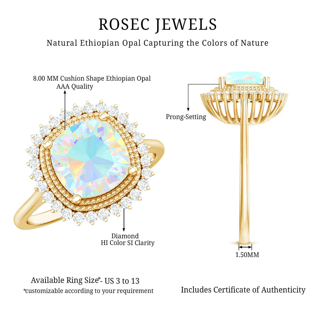 Natural 1.8 Carat Cushion Cut Opalescent Vintage Looking Engagement Ring with Diamond Halo