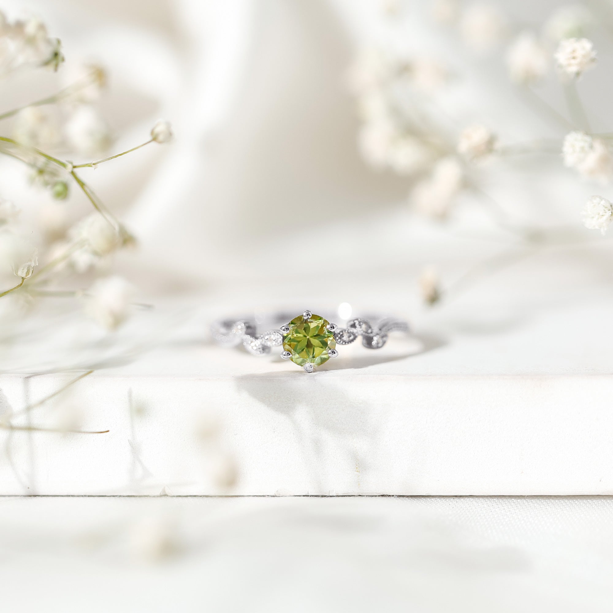Peridot and Diamond Promise Ring with Beaded Detailing