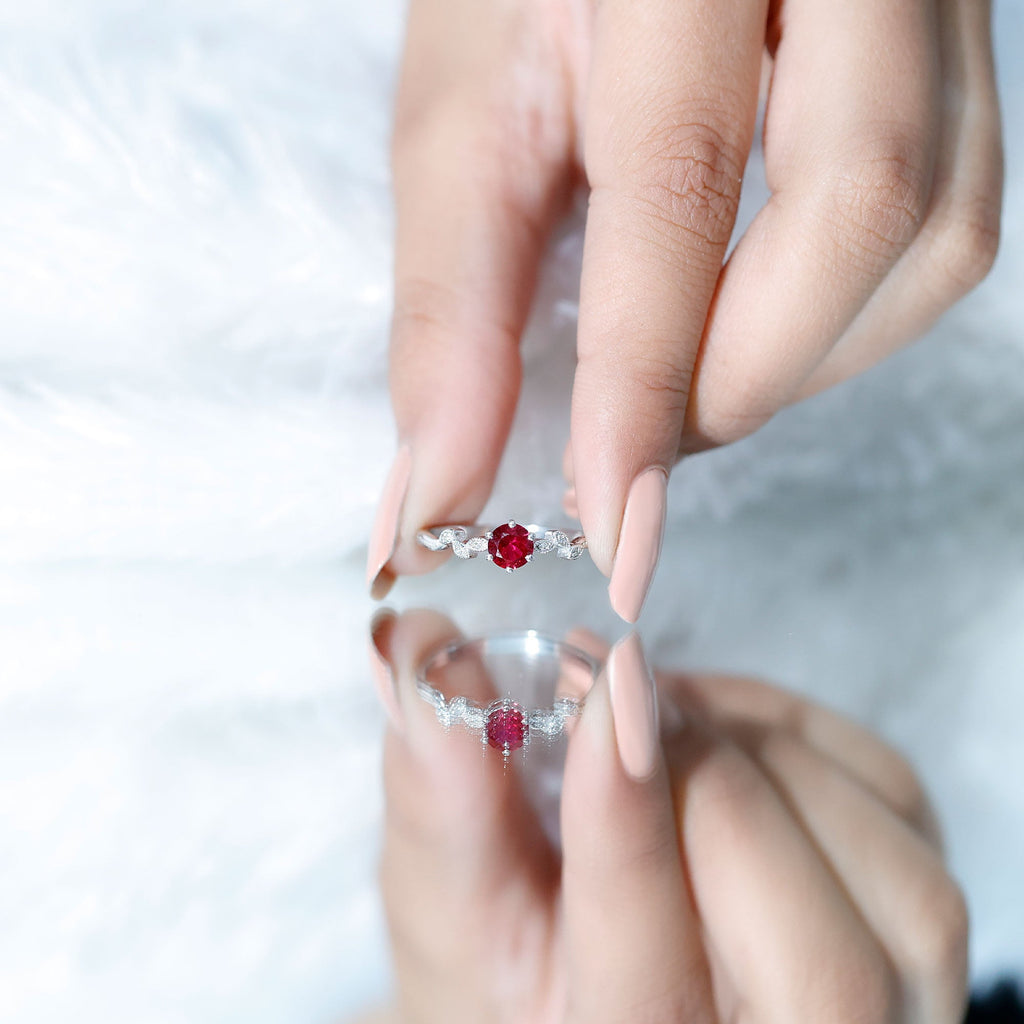 Lab Created Ruby and Diamond Leaf Promise Ring