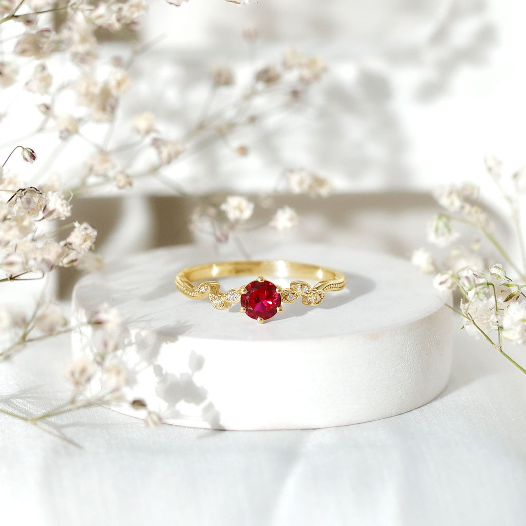 Lab Created Ruby and Diamond Leaf Promise Ring