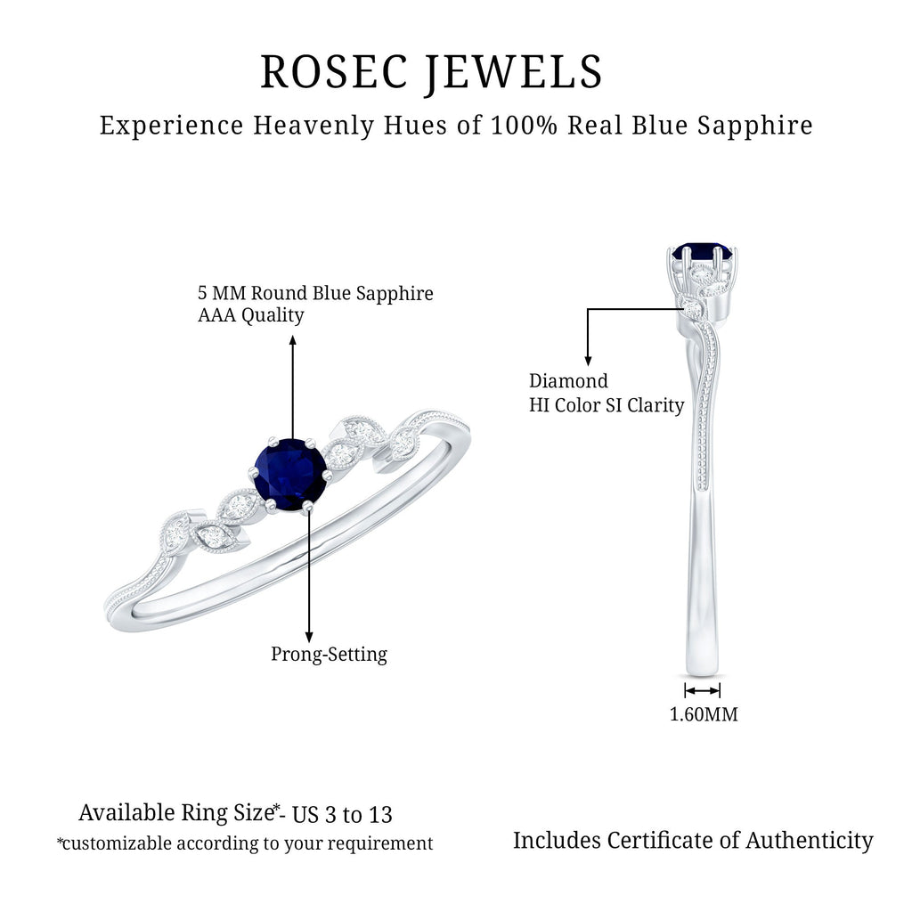 Real Blue Sapphire and Diamond Leaf Inspired Promise Ring