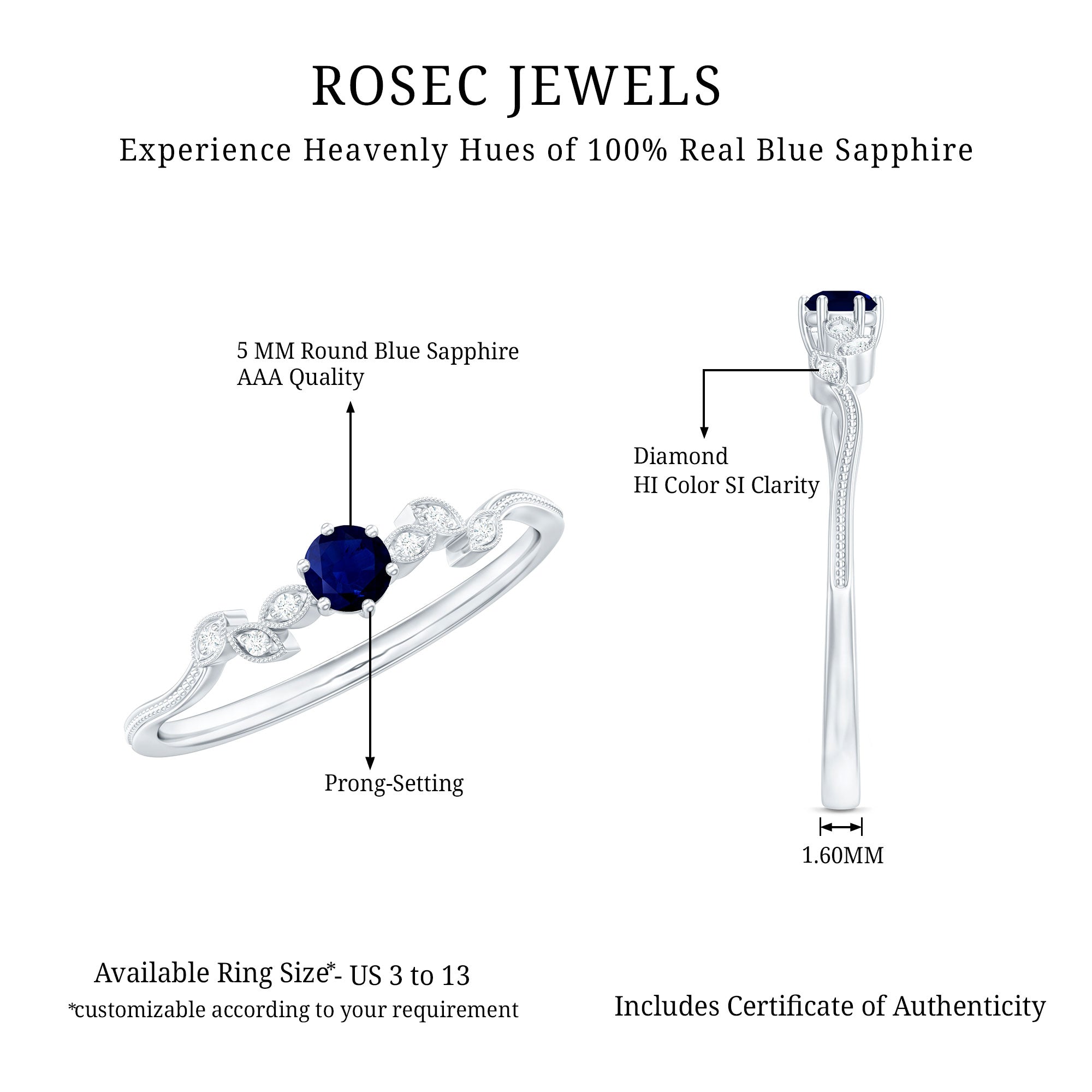 Real Blue Sapphire and Diamond Leaf Inspired Promise Ring