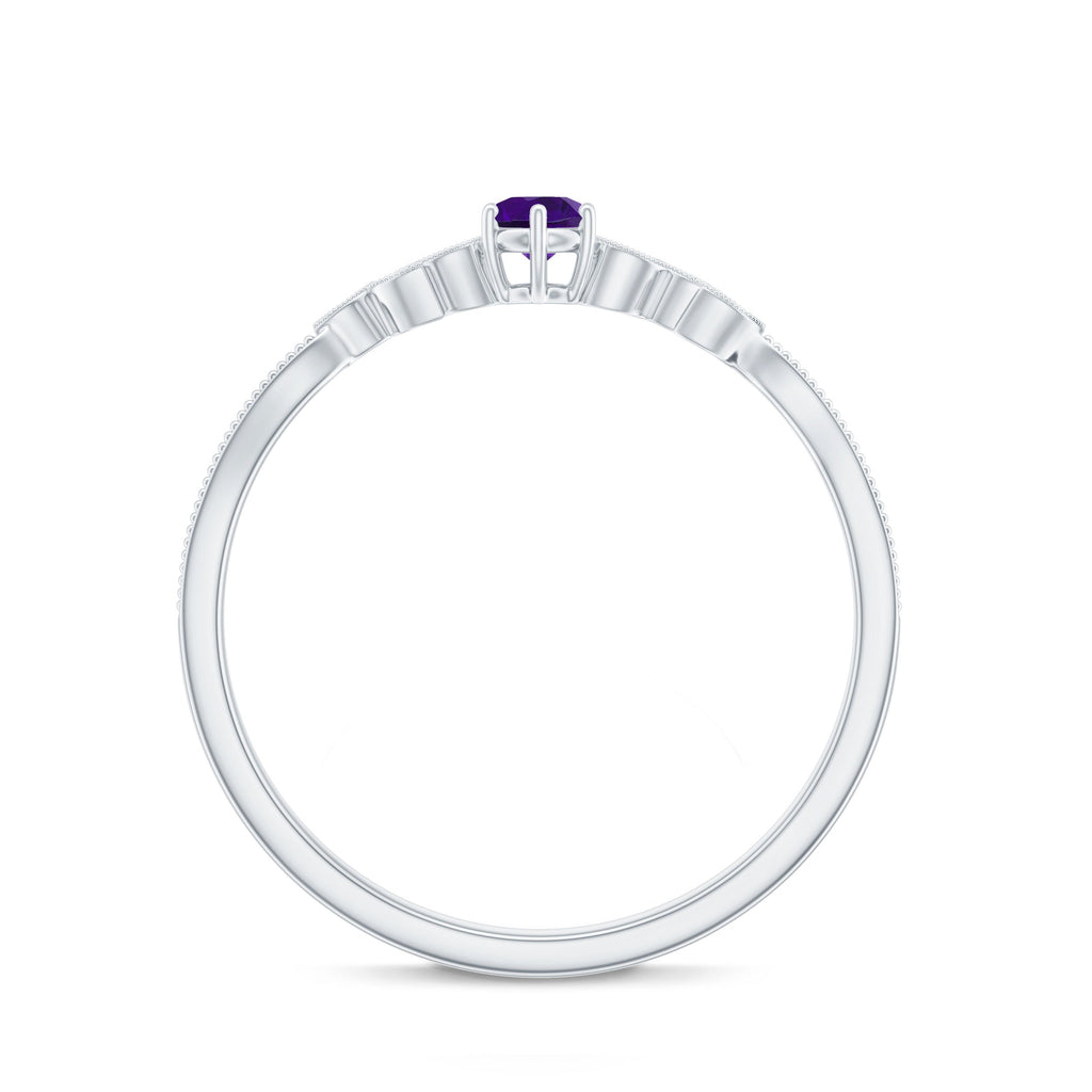 Amethyst and Diamond Leaf Promise Ring with Beaded Detailing