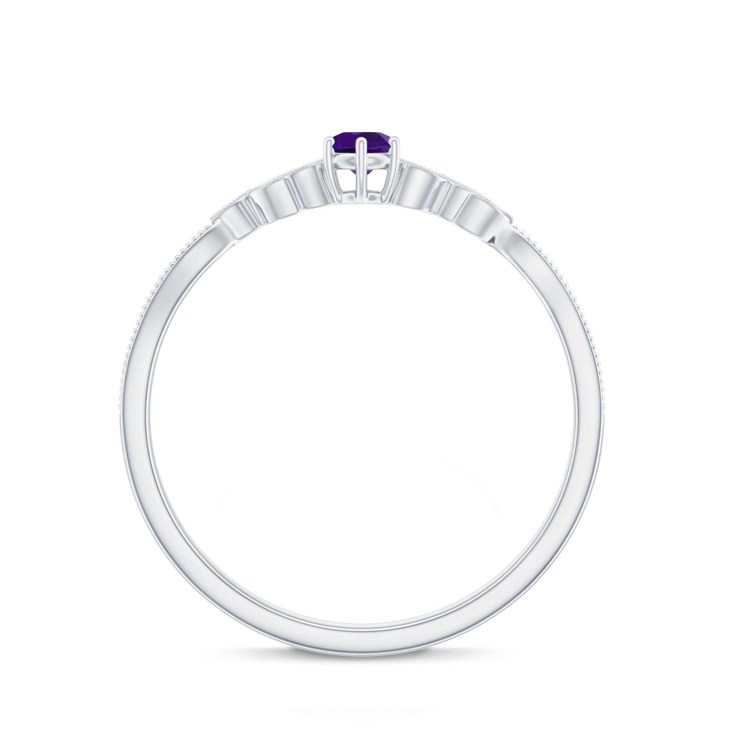 Amethyst and Diamond Leaf Promise Ring with Beaded Detailing