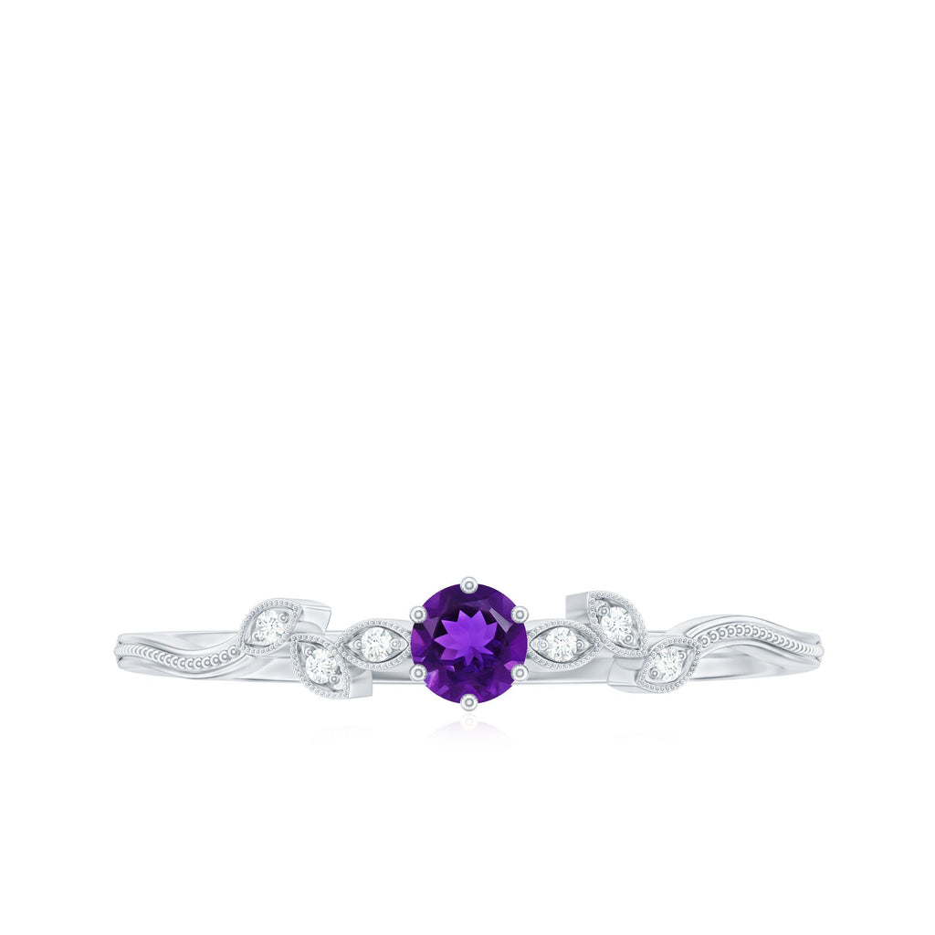 Amethyst and Diamond Leaf Promise Ring with Beaded Detailing