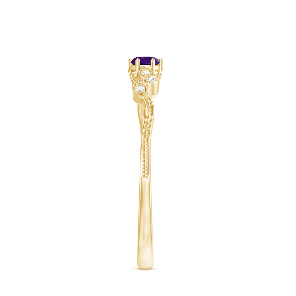 Amethyst and Diamond Leaf Promise Ring with Beaded Detailing