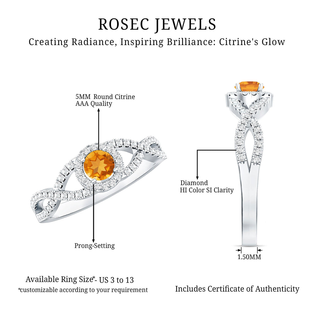 Natural Citrine Diamond Engagement Ring with Criss Cross Shank