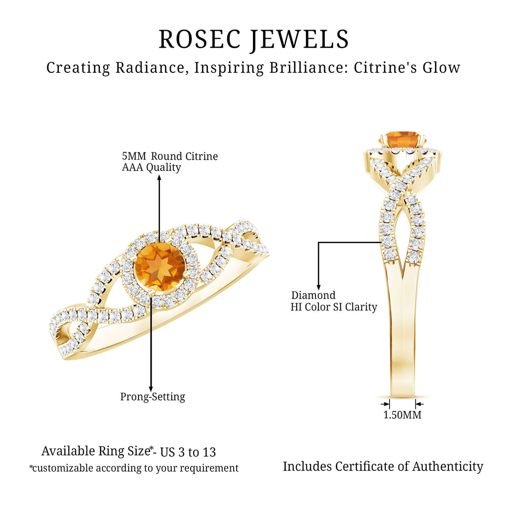 Natural Citrine Diamond Engagement Ring with Criss Cross Shank