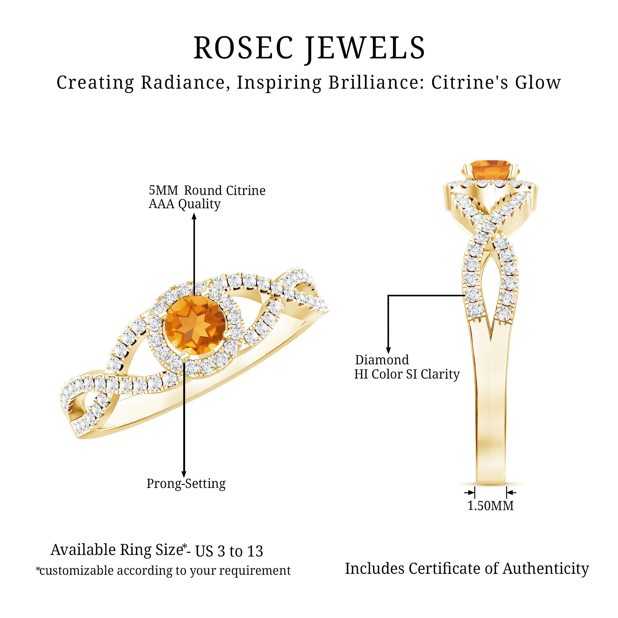 Natural Citrine Diamond Engagement Ring with Criss Cross Shank
