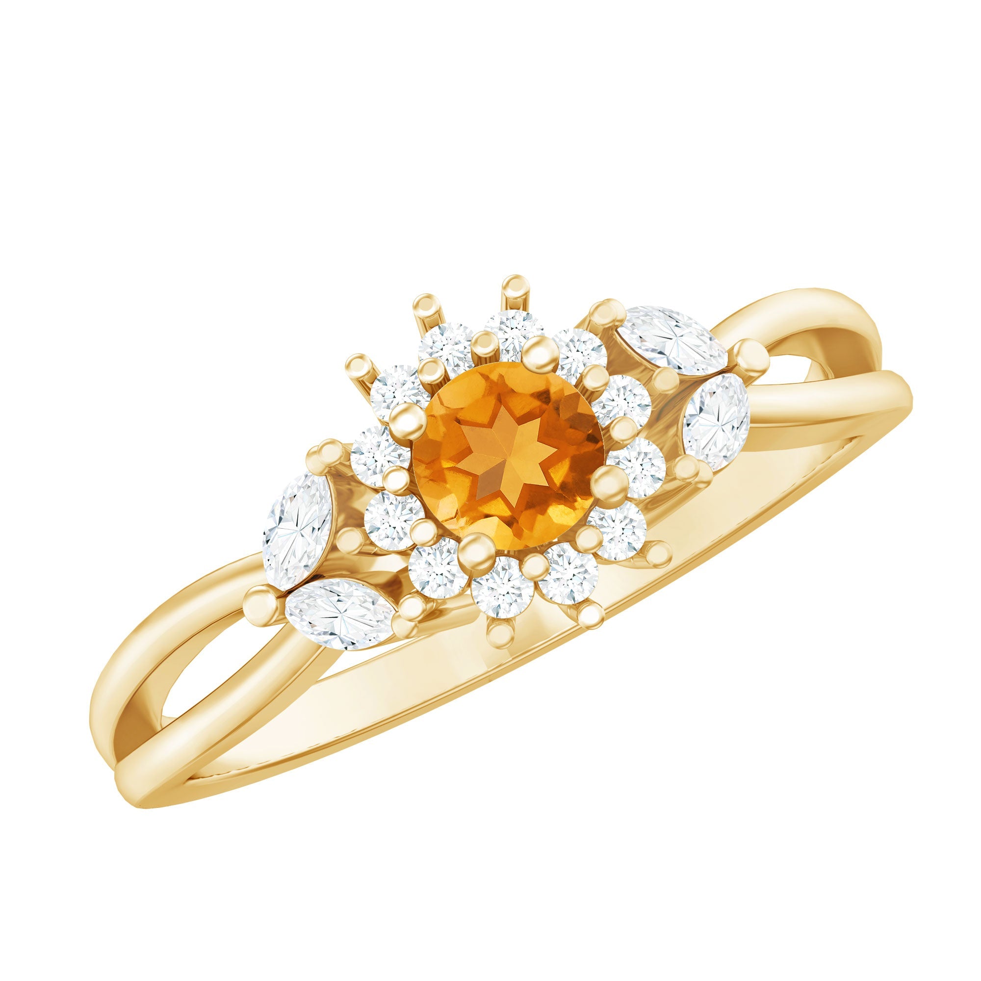 Nature Inspired Citrine Diamond Engagement Ring with Split Shank