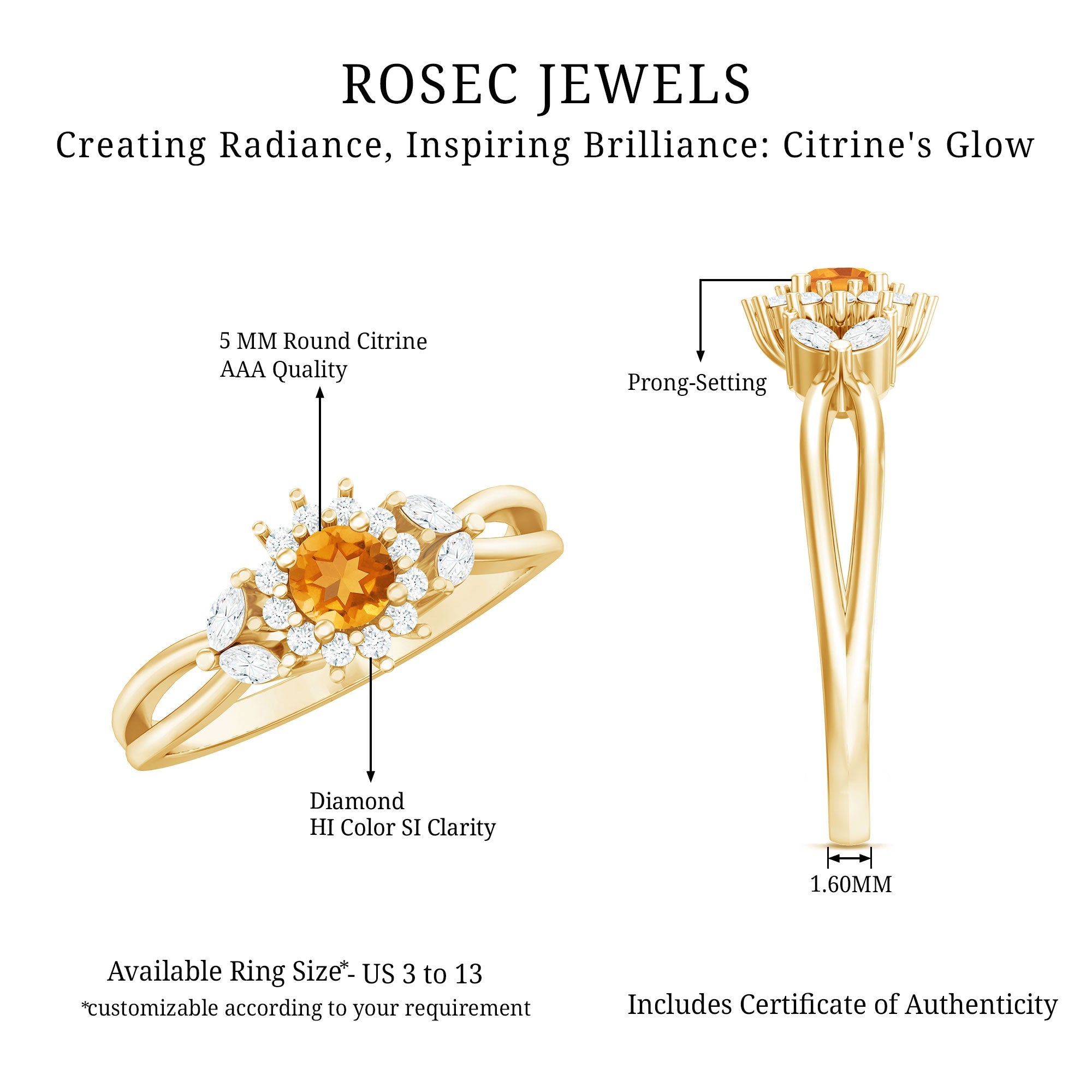 Nature Inspired Citrine Diamond Engagement Ring with Split Shank