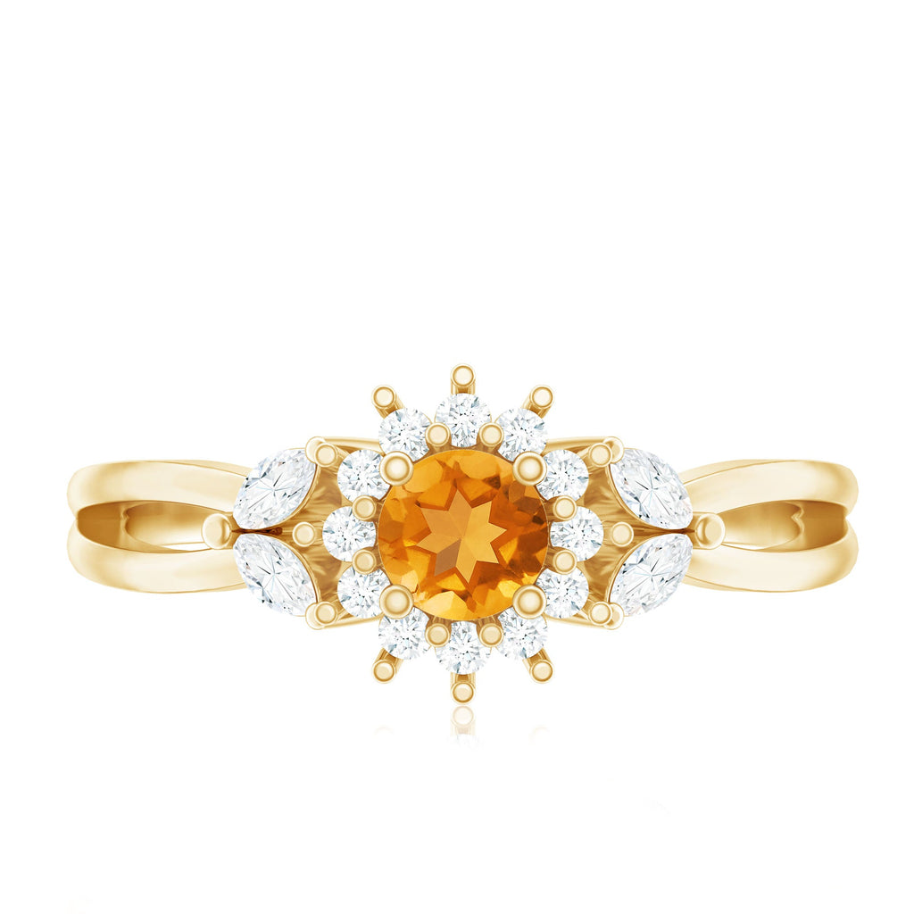 Nature Inspired Citrine Diamond Engagement Ring with Split Shank
