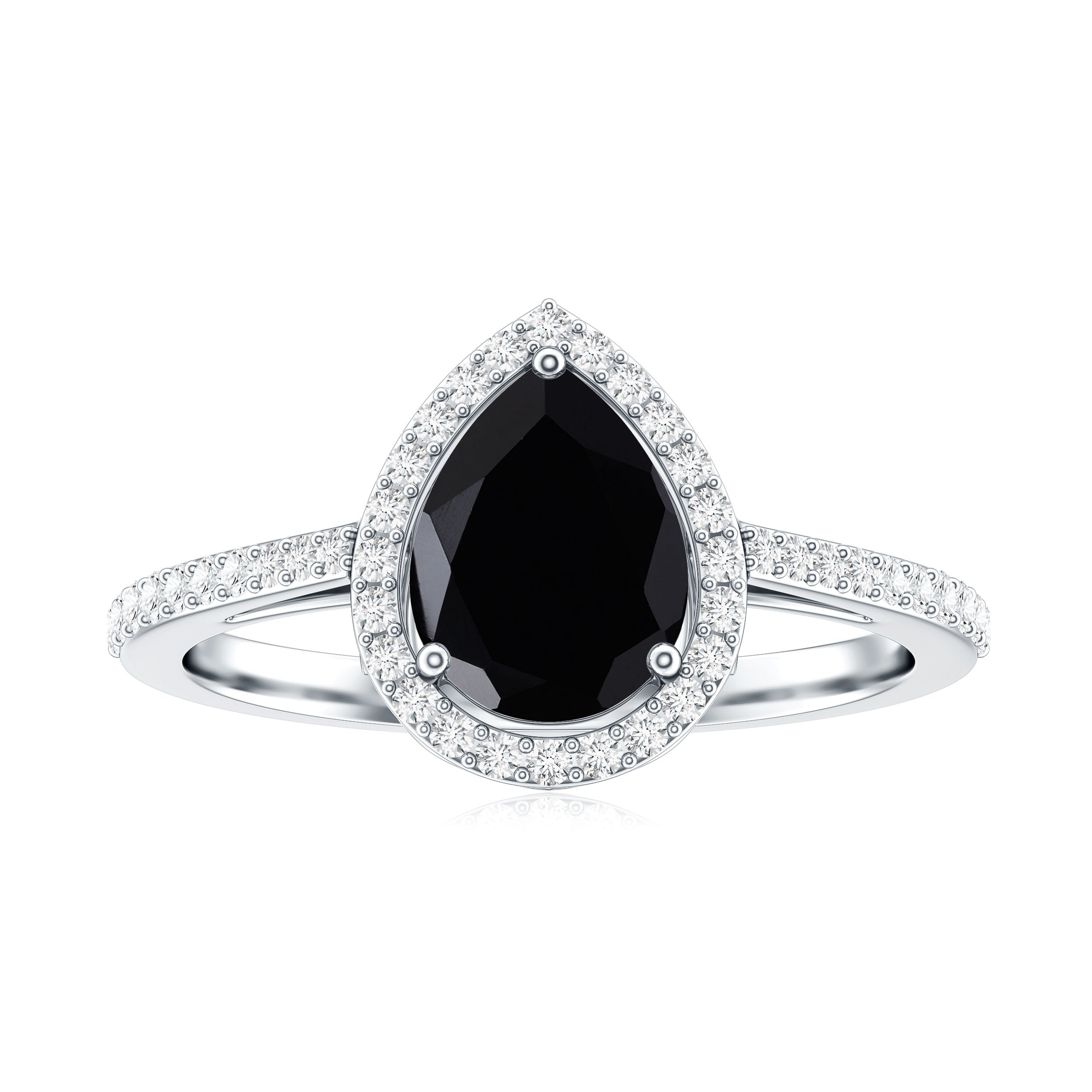 Natural Black Spinel Teardrop Engagement Ring with Diamond Halo