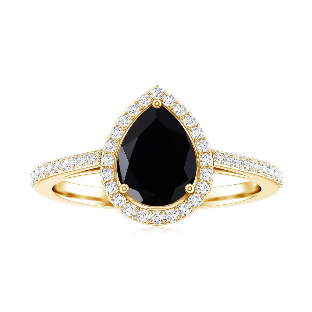 Natural Black Spinel Teardrop Engagement Ring with Diamond Halo