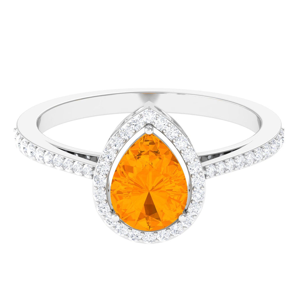 Real 0.6 Carat Fire Opal Teardrop Engagement Ring with Diamond Halo