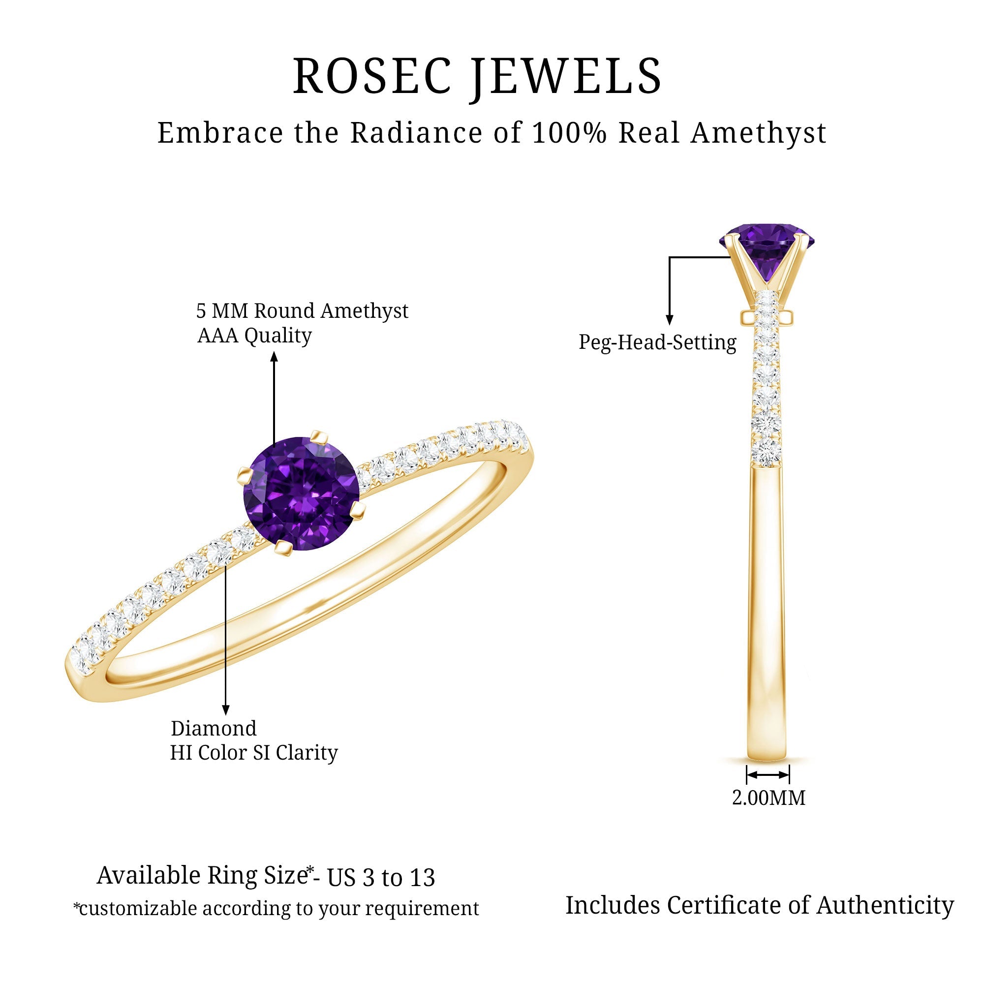 Real Amethyst Promise Ring with Diamond for Women