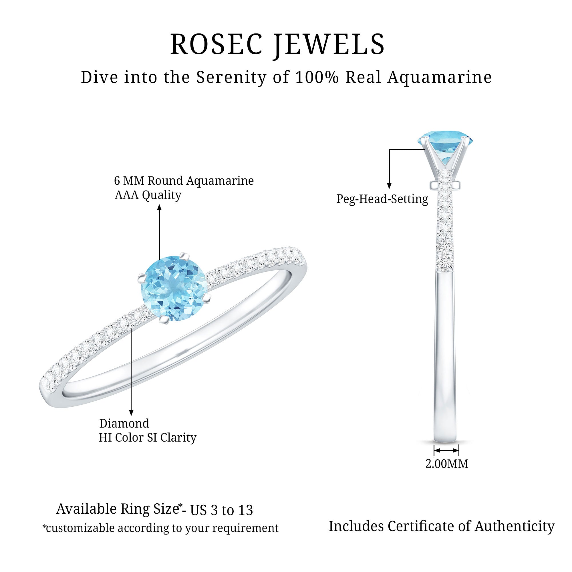 Natural Aquamarine Promise Ring with Diamond Side Stones