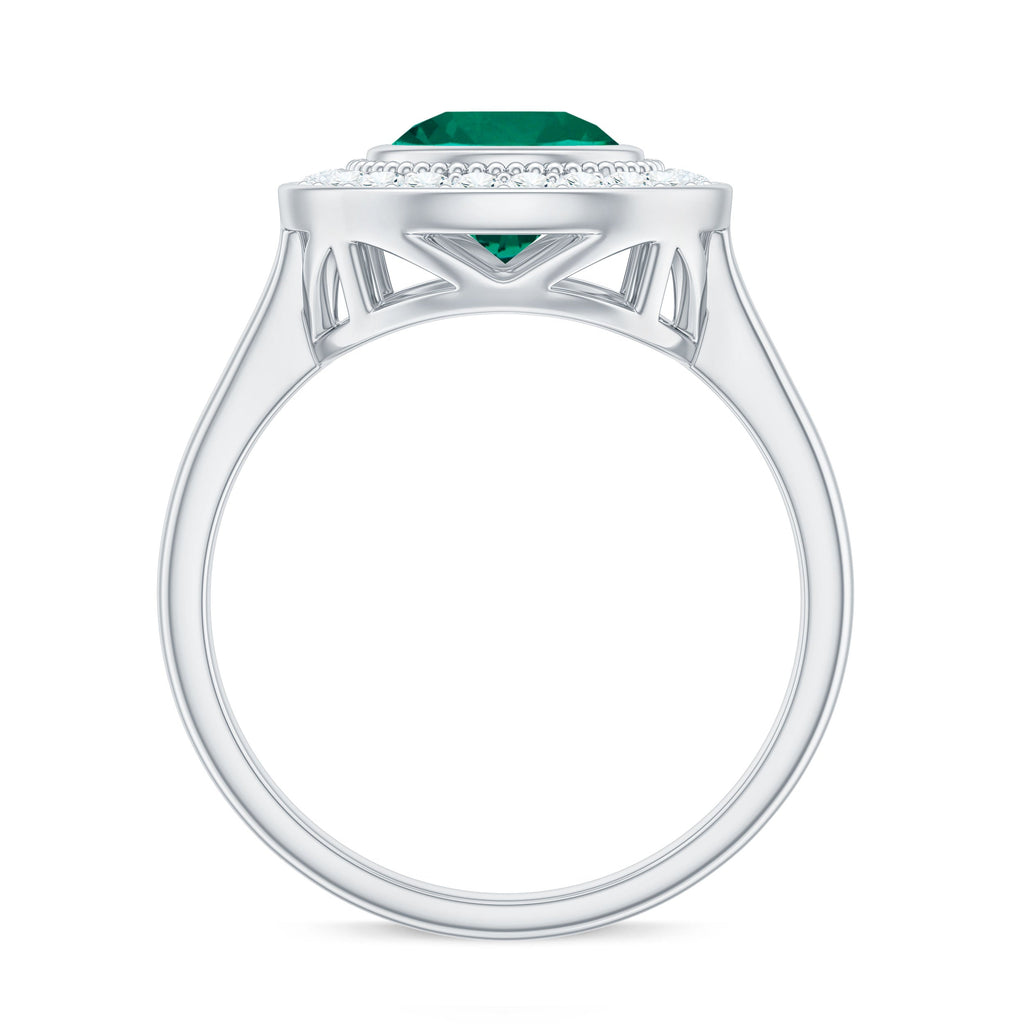 Vintage Looking 2 Carat Lab Grown Emerald Engagement Ring with Halo