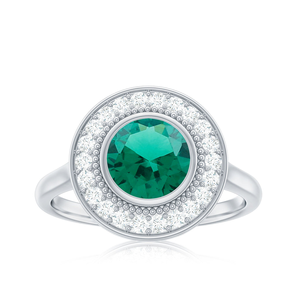 Vintage Looking 2 Carat Lab Grown Emerald Engagement Ring with Halo
