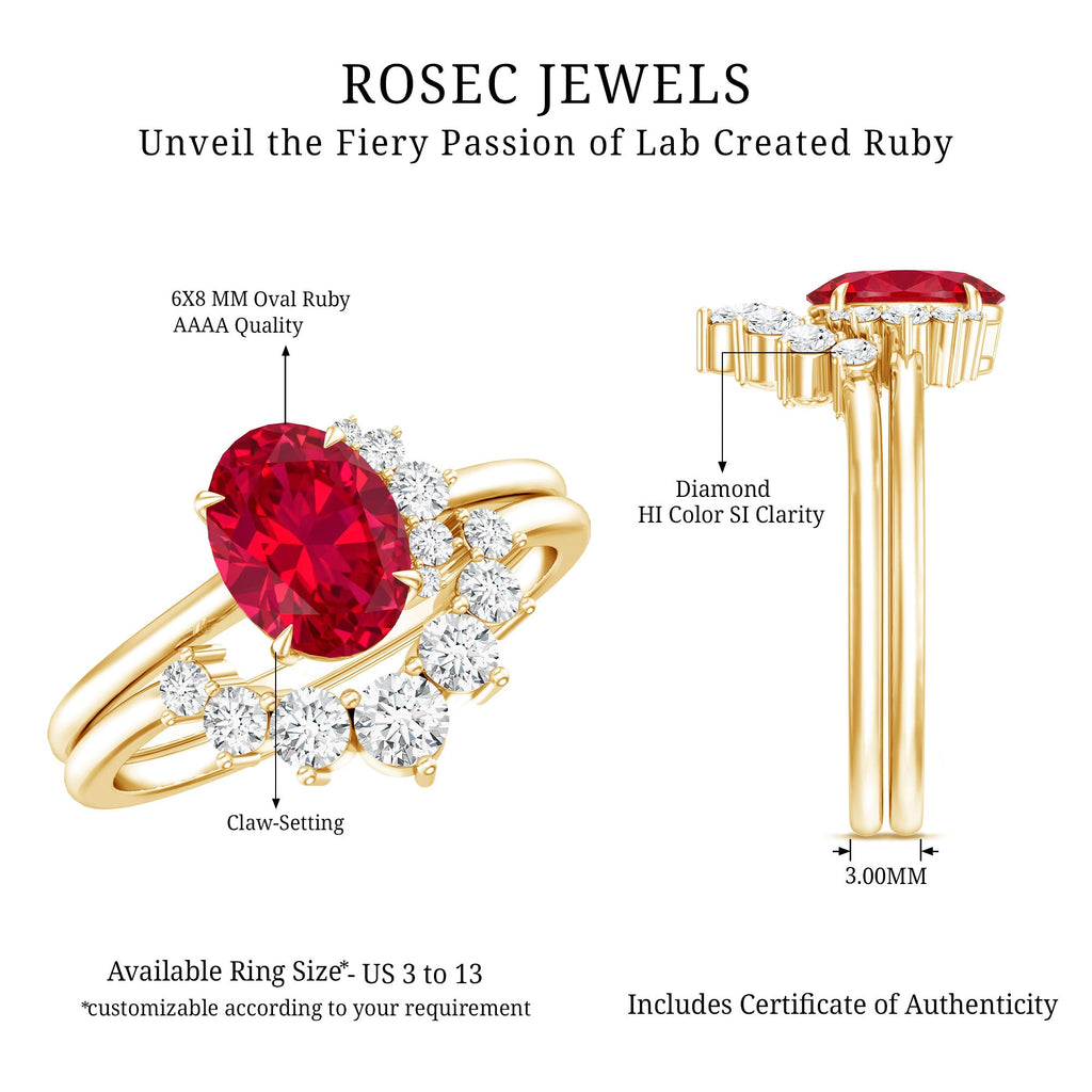 Oval Created Ruby Solitaire Wedding Ring Set with Diamond
