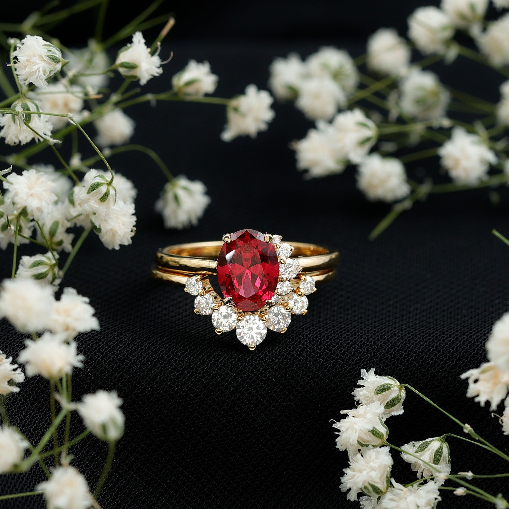 Oval Created Ruby Solitaire Wedding Ring Set with Diamond