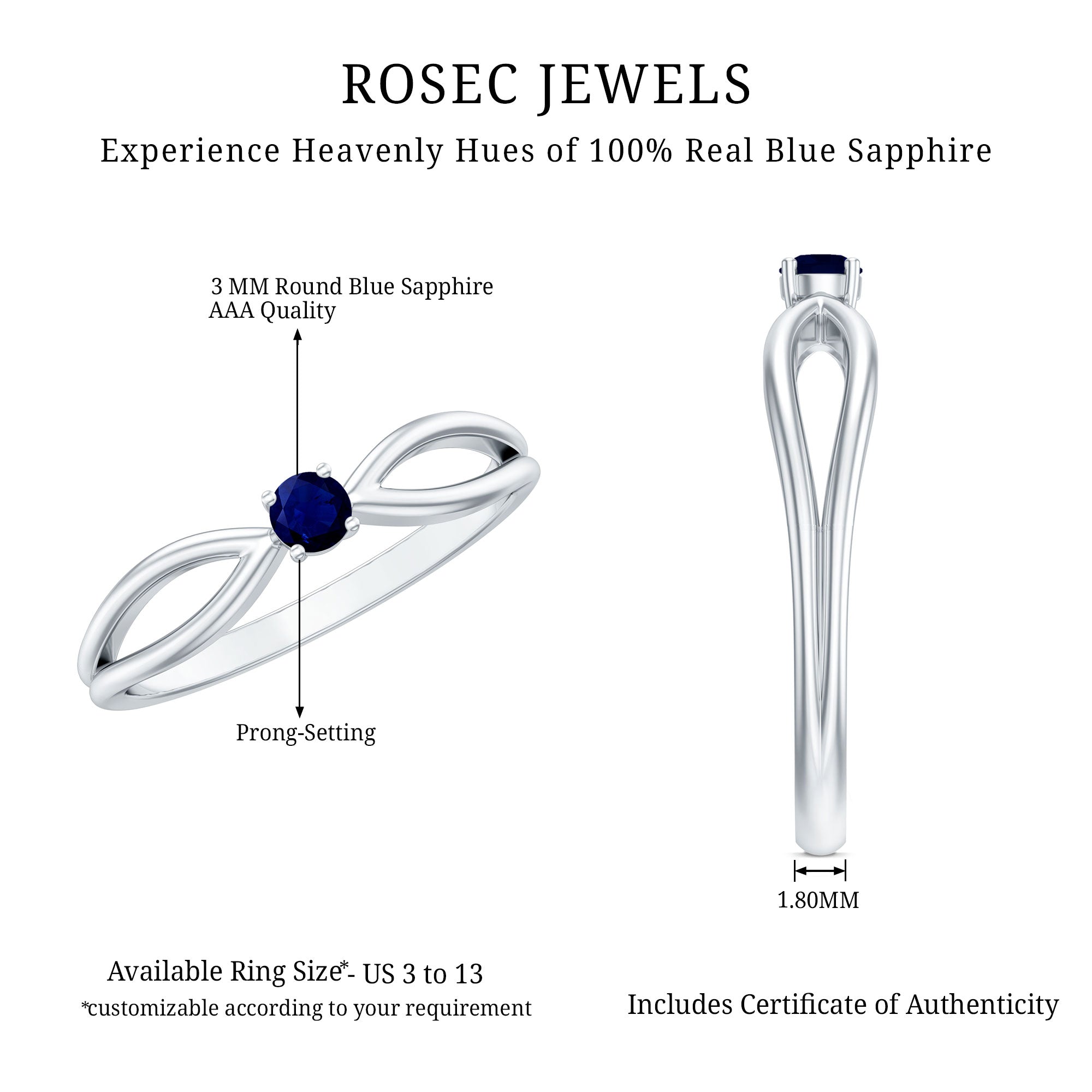 Natural Blue Sapphire Cute Promise Ring with Split Shank