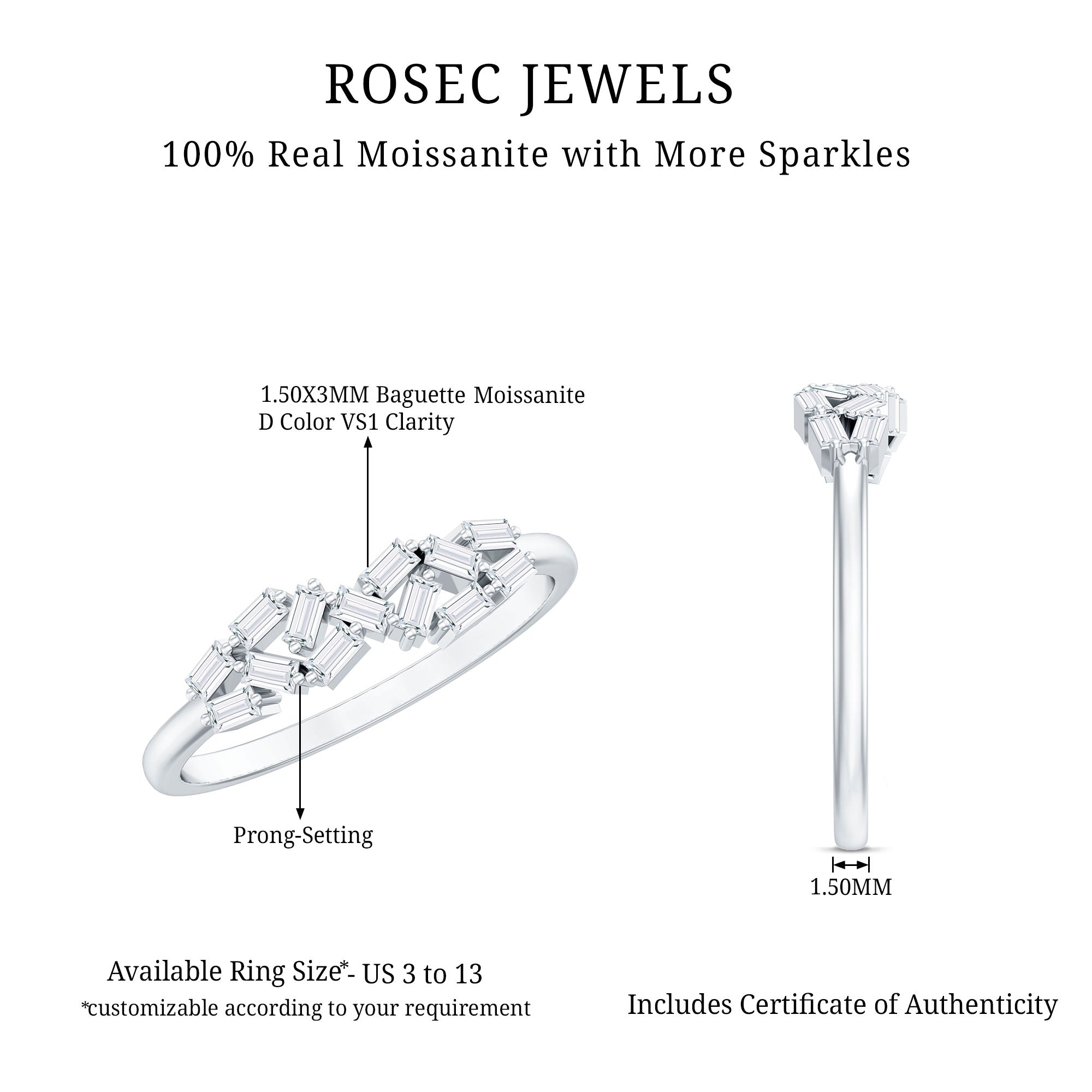 Baguette Moissanite Anniversary Ring in Prong Setting