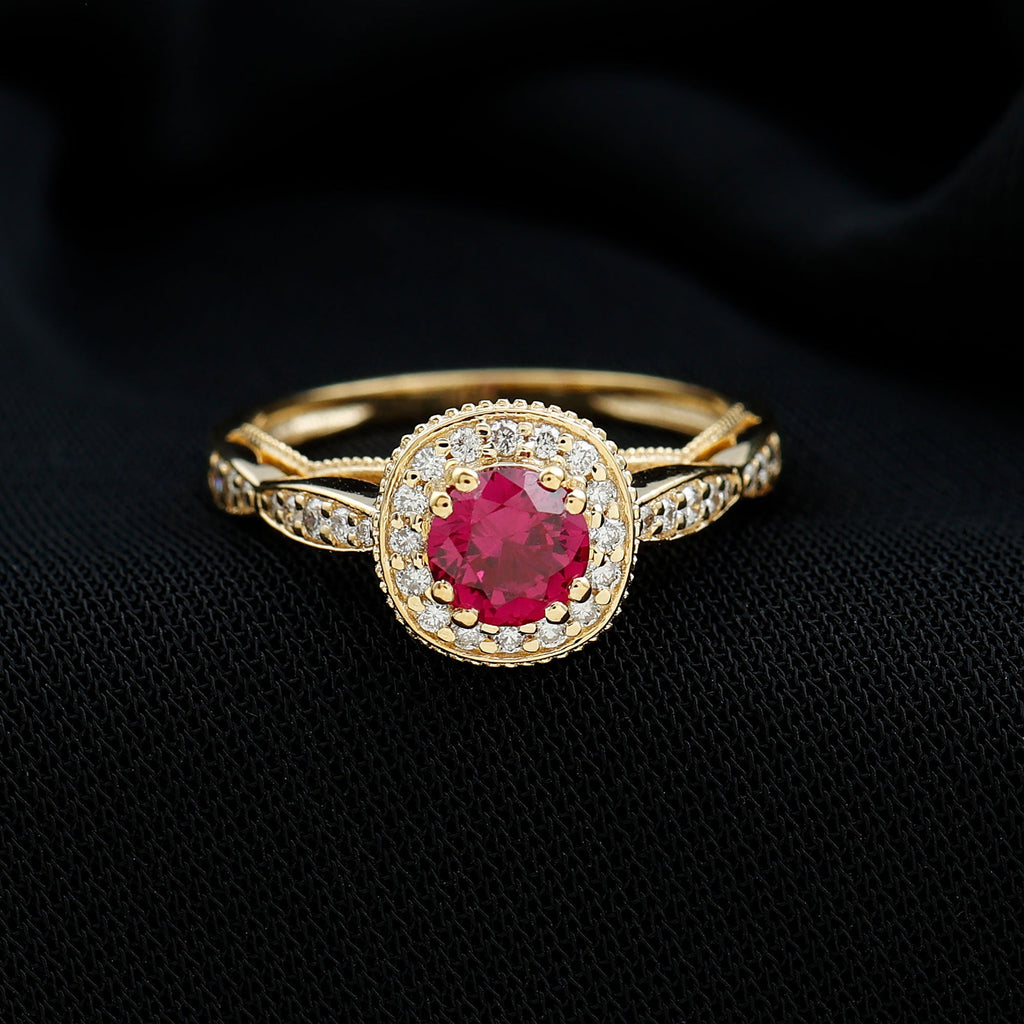 Vintage Inspired Round Created Ruby Engagement Ring with Diamond Halo