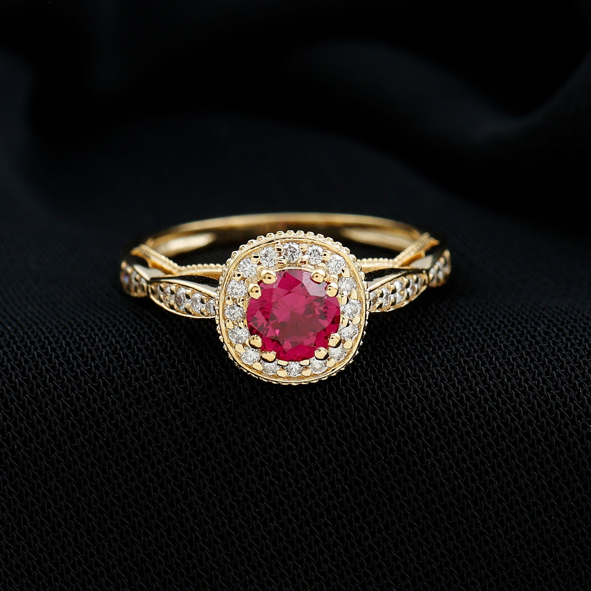 Vintage Inspired Round Created Ruby Engagement Ring with Diamond Halo
