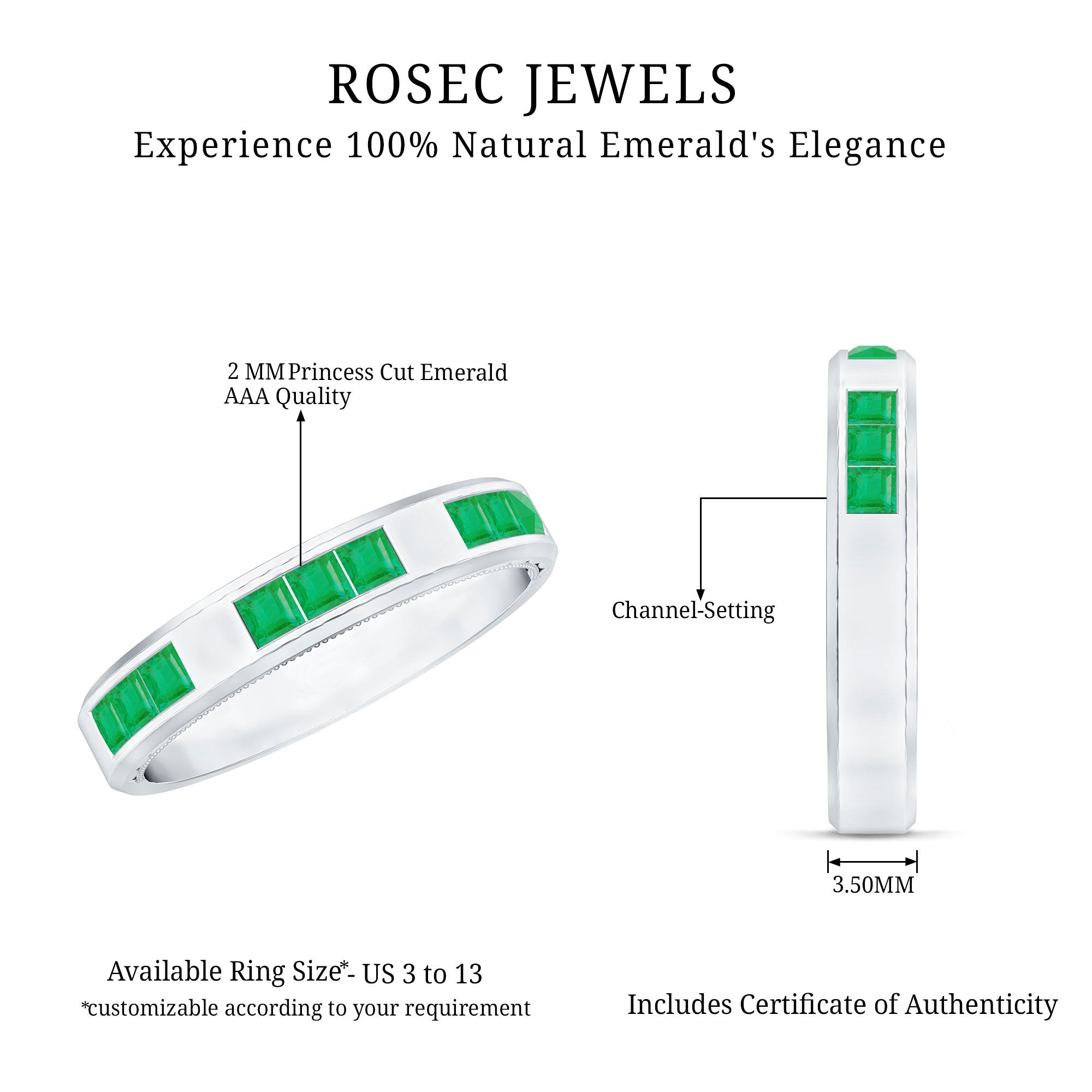 Princess Cut Emerald Mens Wedding Band in Channel Setting