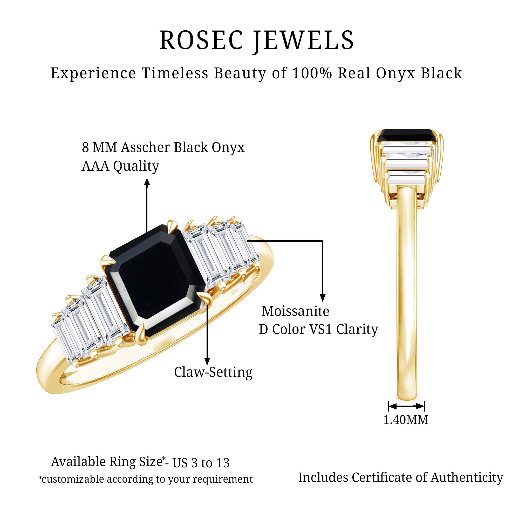 Asscher Cut Black Onyx Engagement Ring with Baguette Moissanite