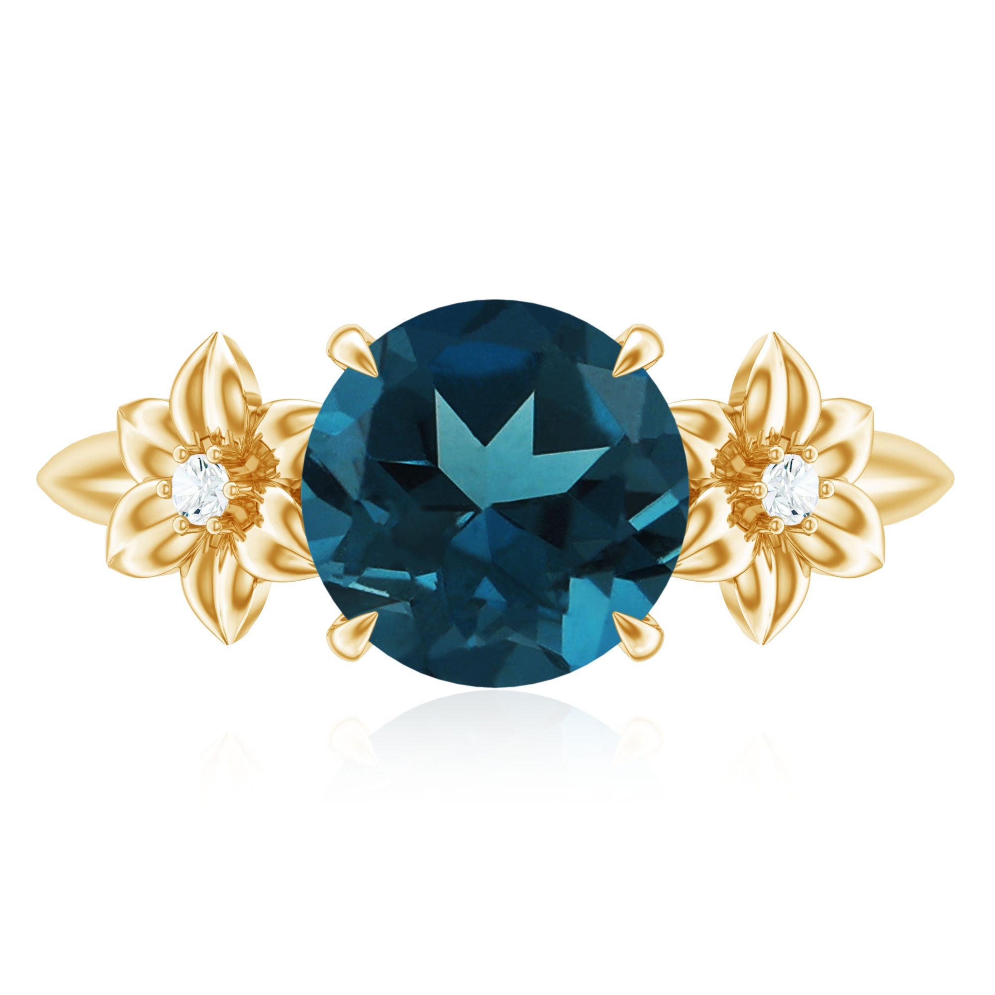 2 Carat Round London Blue Topaz Solitaire Floral Engagement Ring