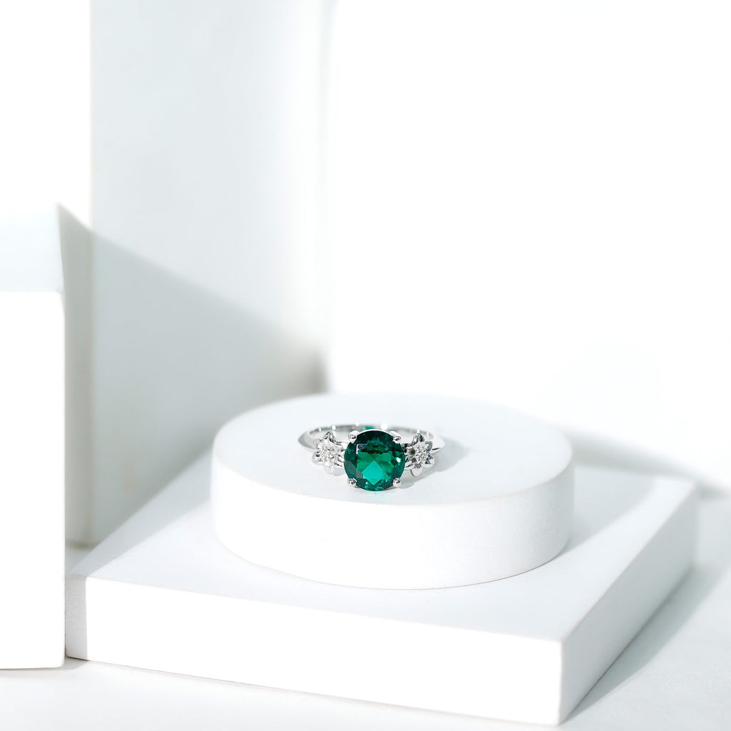 Certified Lab Grown Emerald Flower Engagement Ring with Diamond